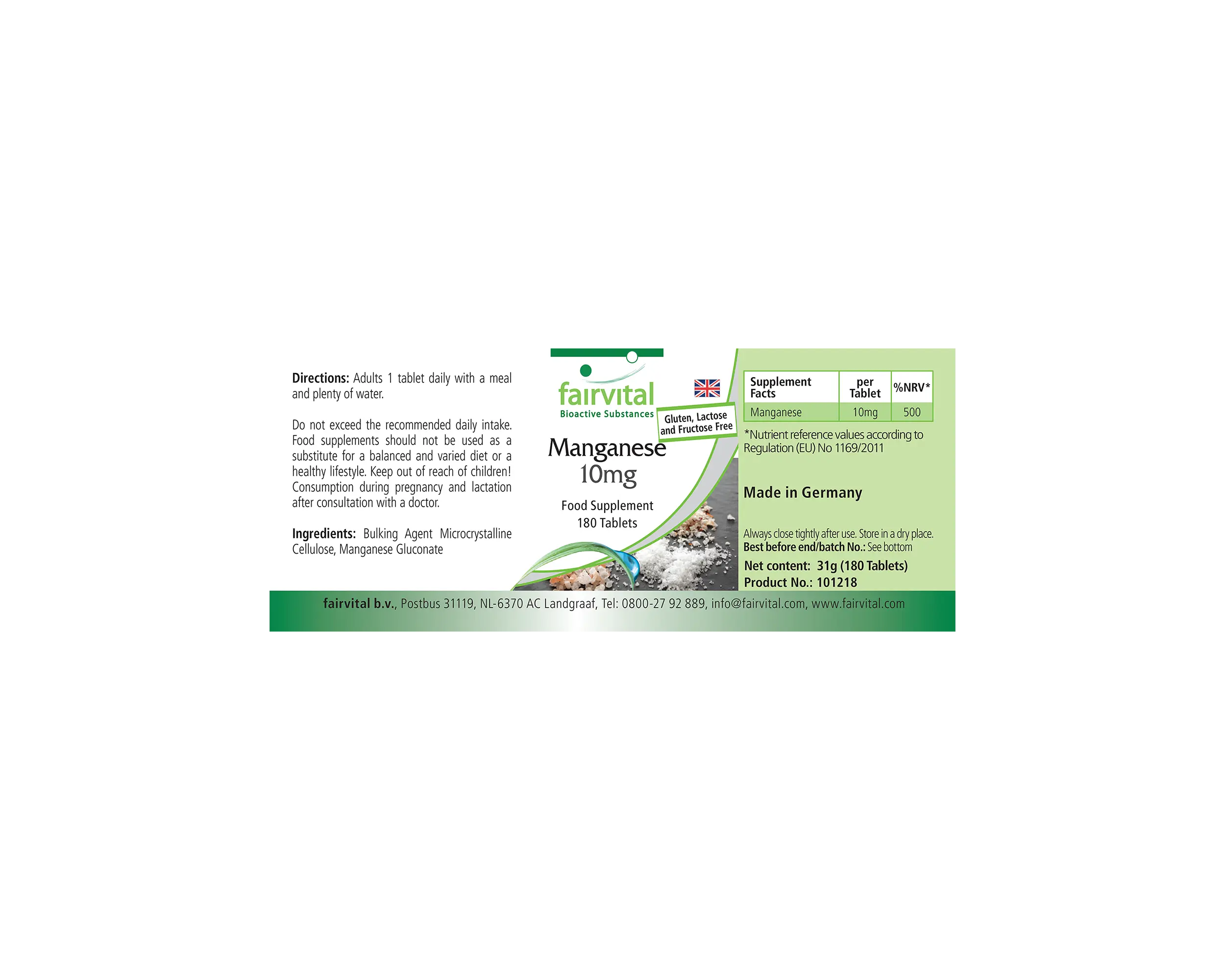 Mangan 10mg - 180 Tabletten - für Knochen, Energie uvm. - hochdosiert und vegan | Fairvital