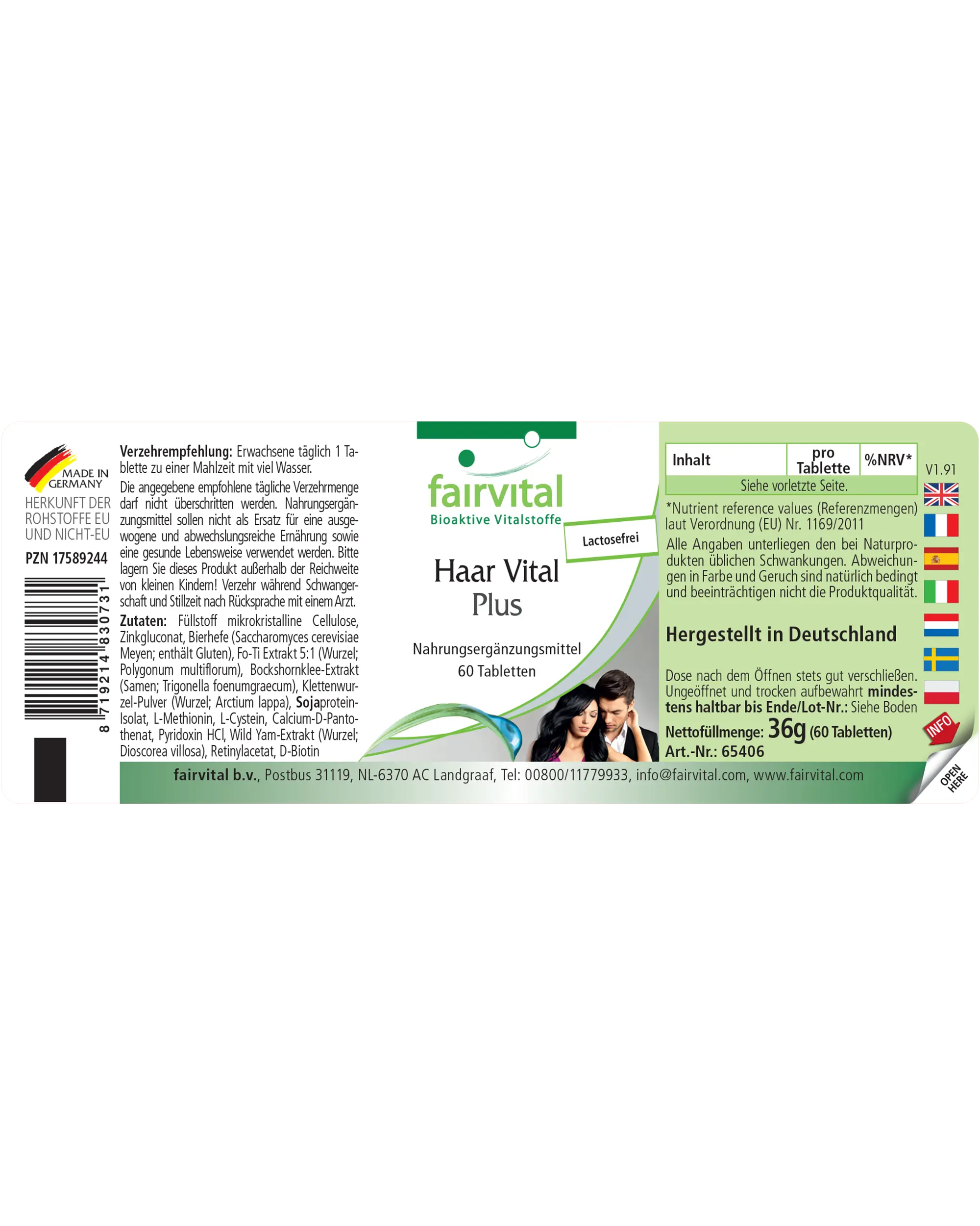 Haar Vital Plus - 60 Tabletten - mit Biotin, Zink, uvm. - für Haare, Haut und Nervensystem - Hochdosiert | Fairvital
