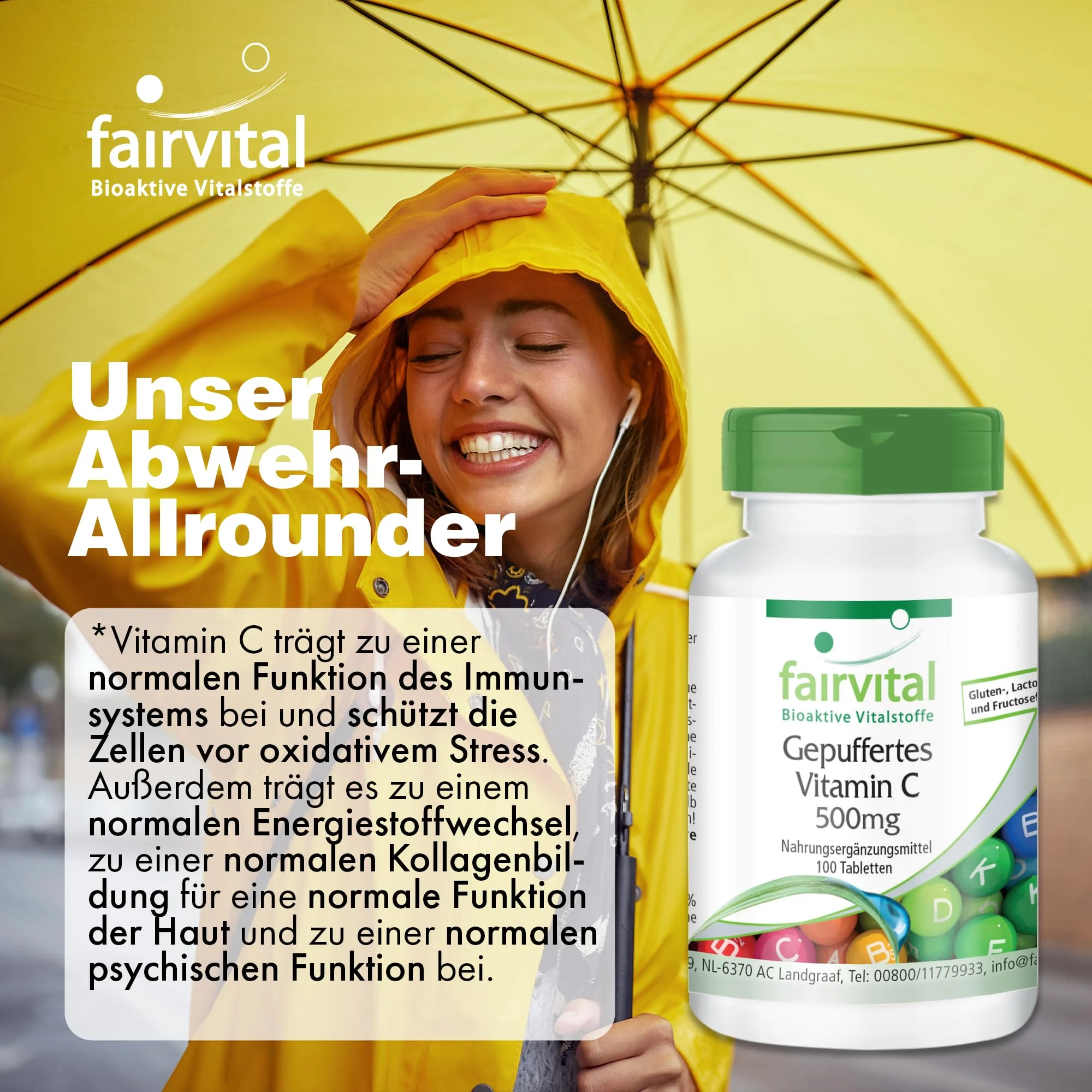 Gepuffertes Vitamin C 500mg - 100 Tabletten - für Immunsystem; Kollagenbildung uvm. - 625% tägliche Abdeckung - vegan - schluckfreundlich | Fairvital