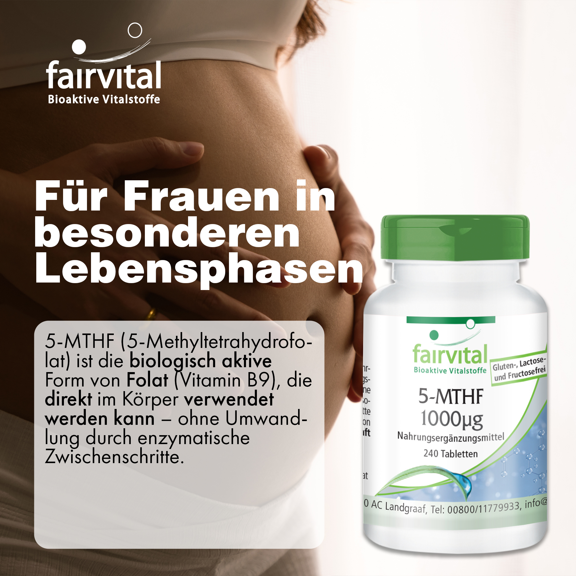 5-MTHF 1000 µg - 240 Tabletten - Schluckfreundlich - bioaktive Folsäure - abgedeckter Bedarf - Hochdosiert und Vegan | Fairvital