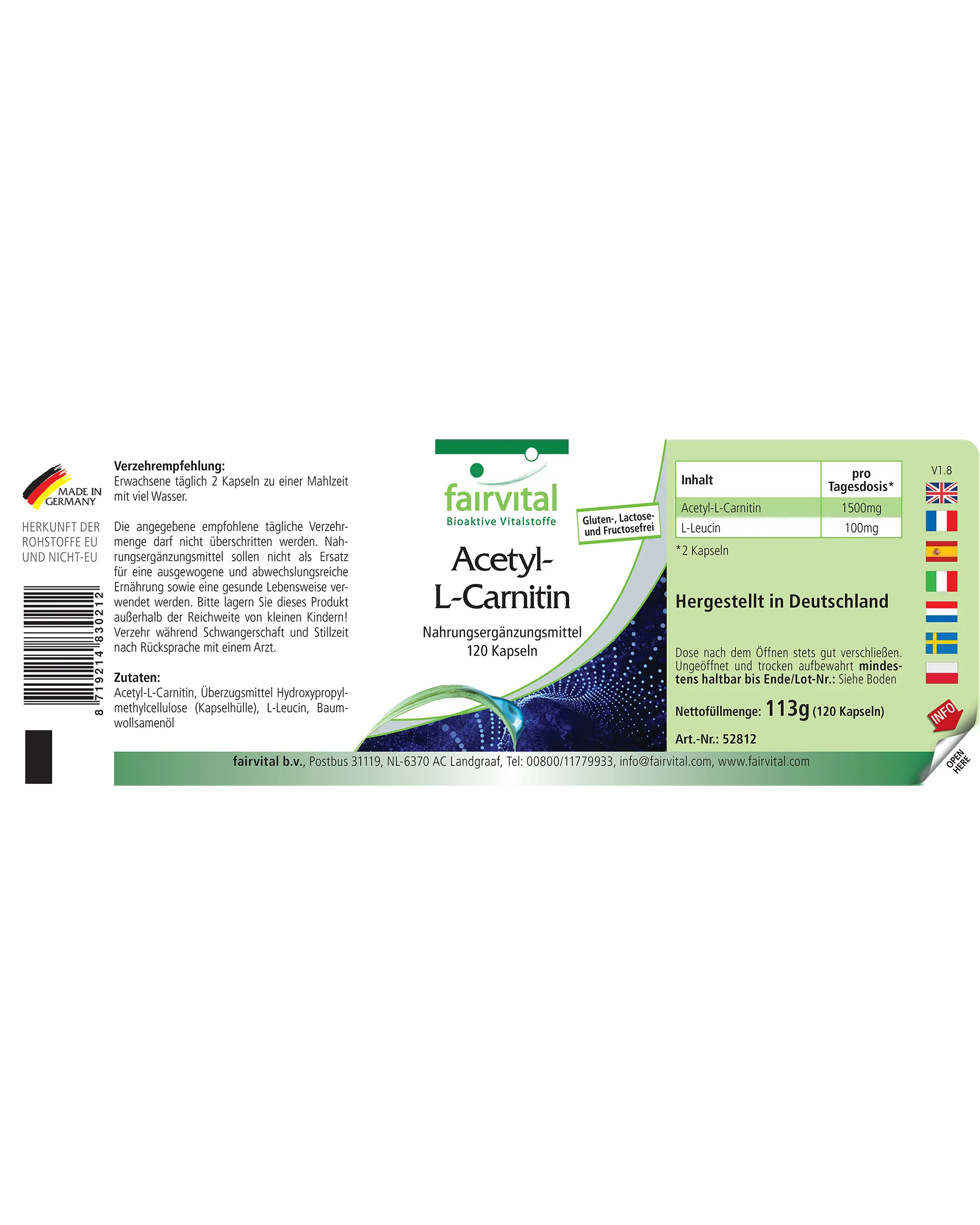Acetil-L-Carnitina - 120 capsule - Ad alto dosaggio e vegana | Fairvital