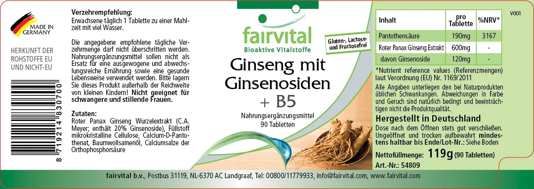 Ginseng mit Ginsenosiden + B5 - 90 Tabletten - mit Pantothensäure - für Energiestoffwechsel, geistige Leistung uvm. | Fairvital Ginseng mit Ginsenosiden + B5 - 90 Tabletten - mit Pantothensäure - für Energiestoffwechsel, geistige Leistung uvm. | Fairvital
