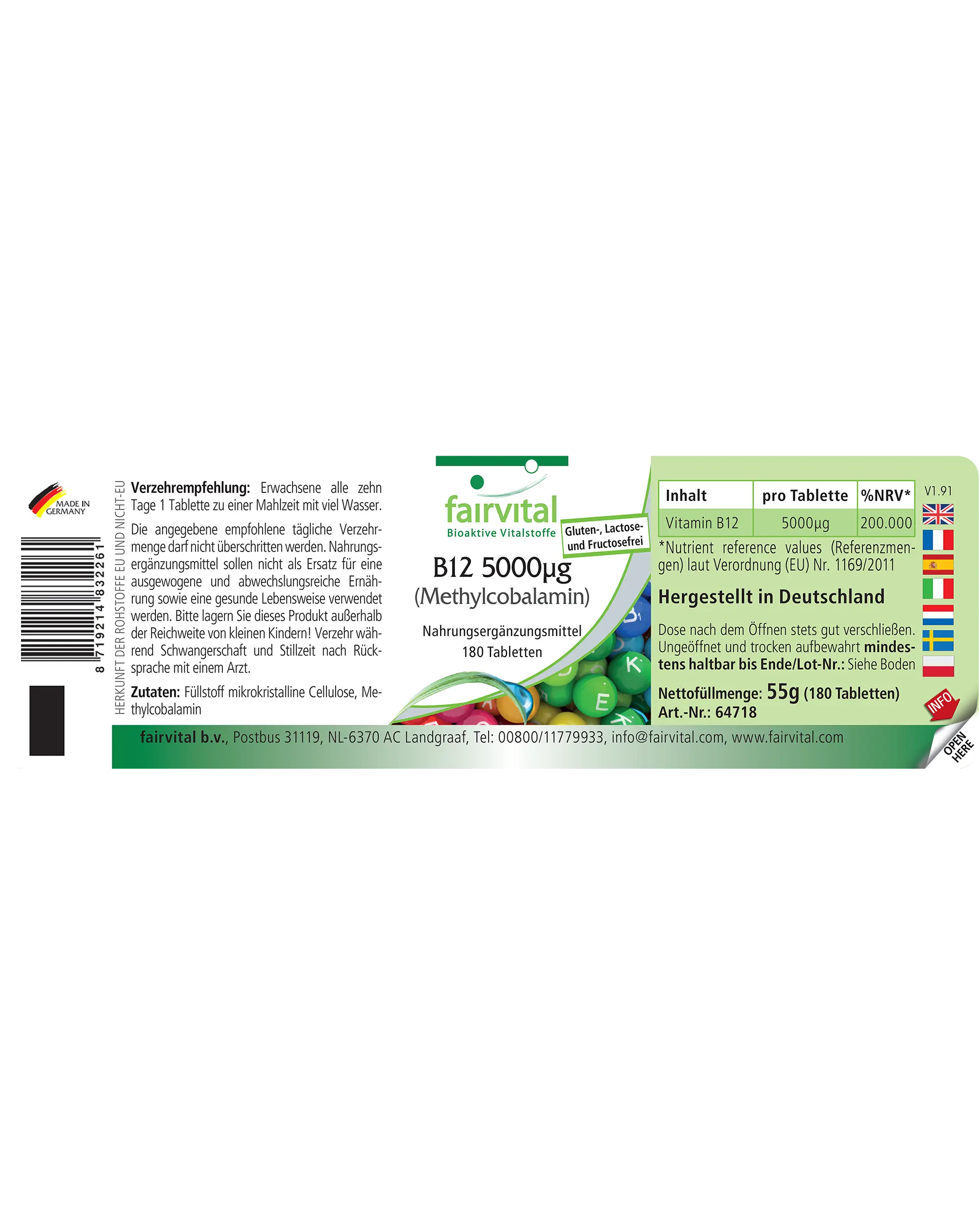 B12 5000μg (Methylcobalamin) - 180 Tabletten - für Energie, Nerven & Psyche - hochdosiert und vegan | Fairvital