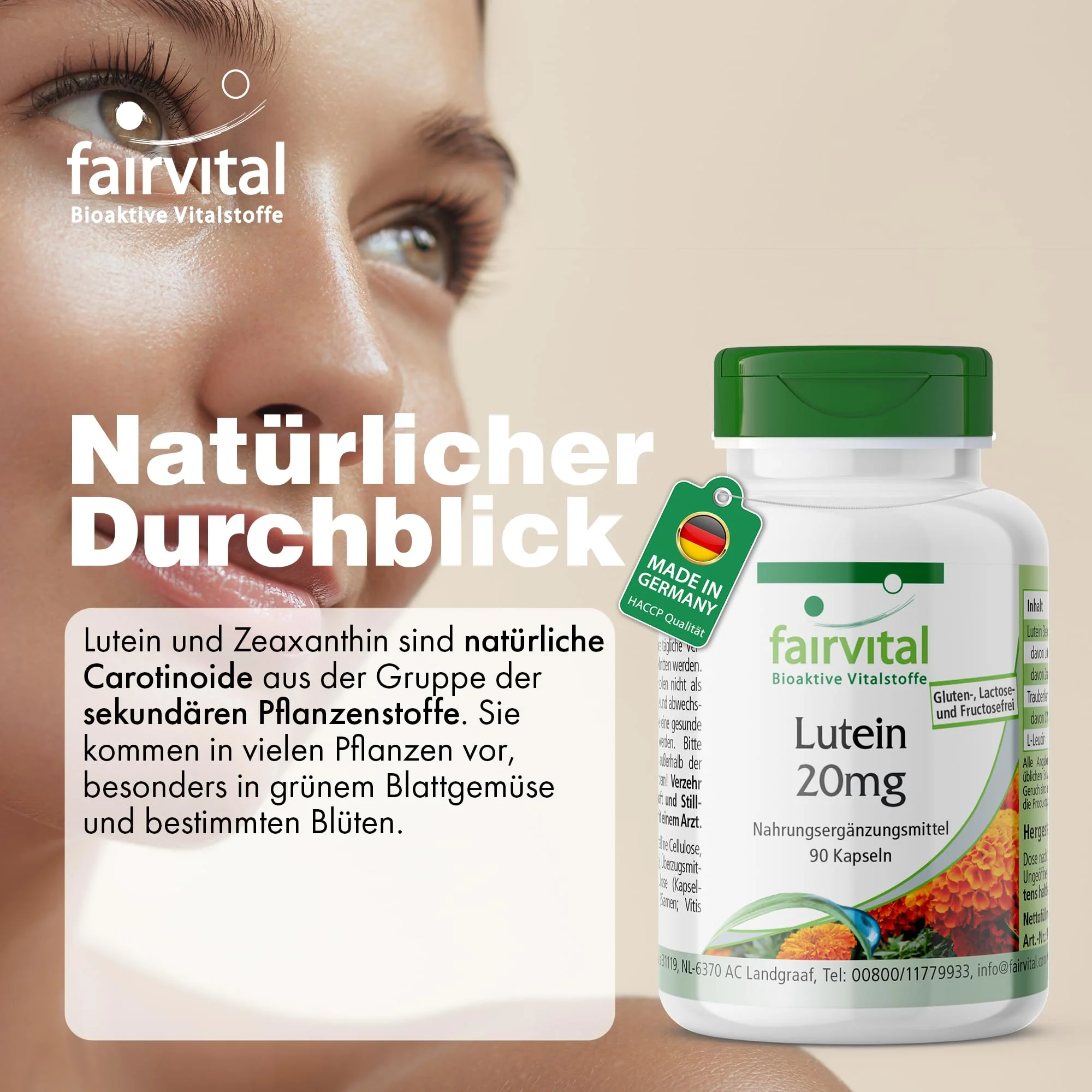 Lutein 20mg - 90 Kapseln - Schluckfreundlich - Mit Zeaxanthin - Mikroverkapselt - Ohne Magnesiumstearat | Fairvital