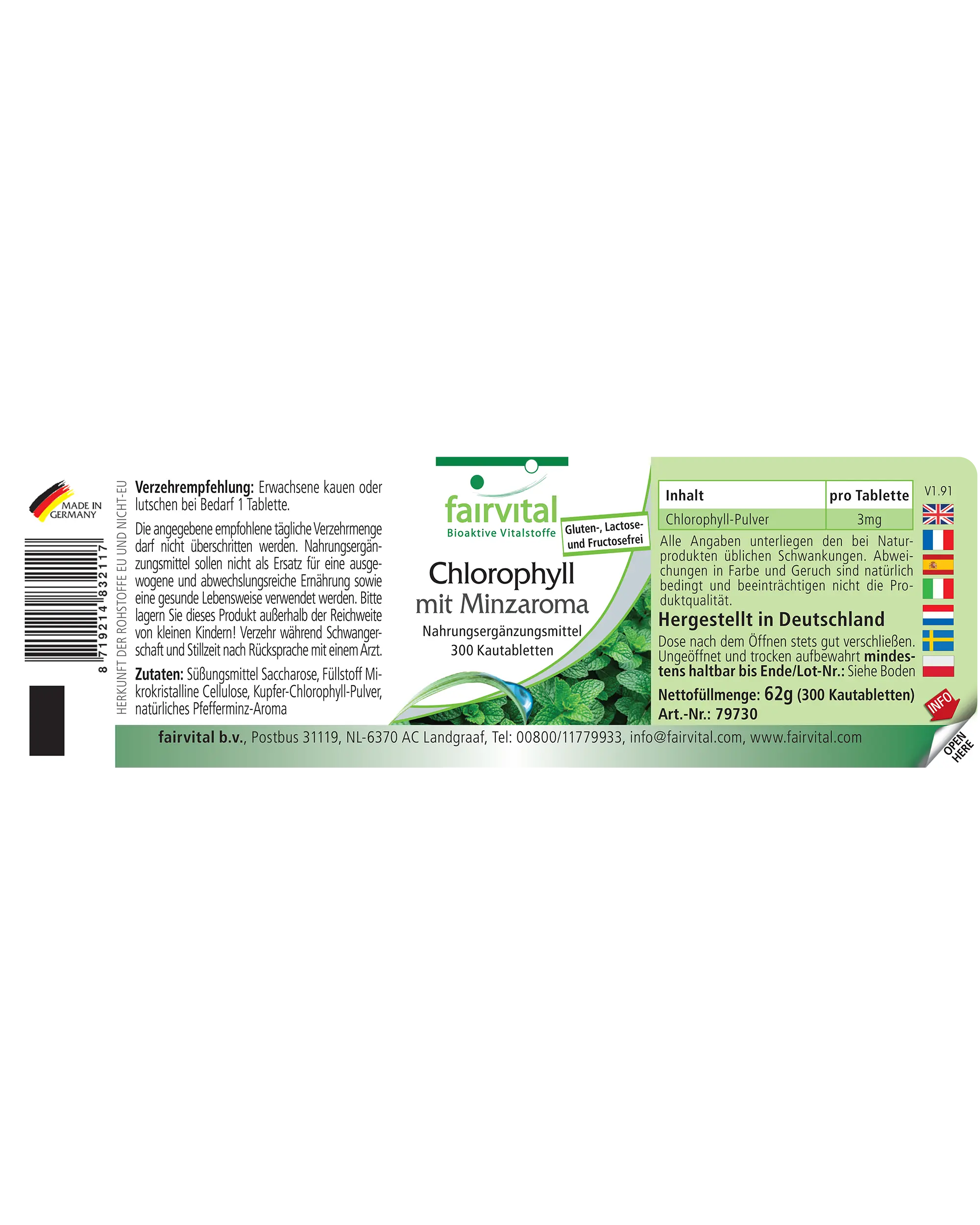 Chlorophylle avec Arôme de Menthe - 300 Comprimés à mâcher - végan | Fairvital