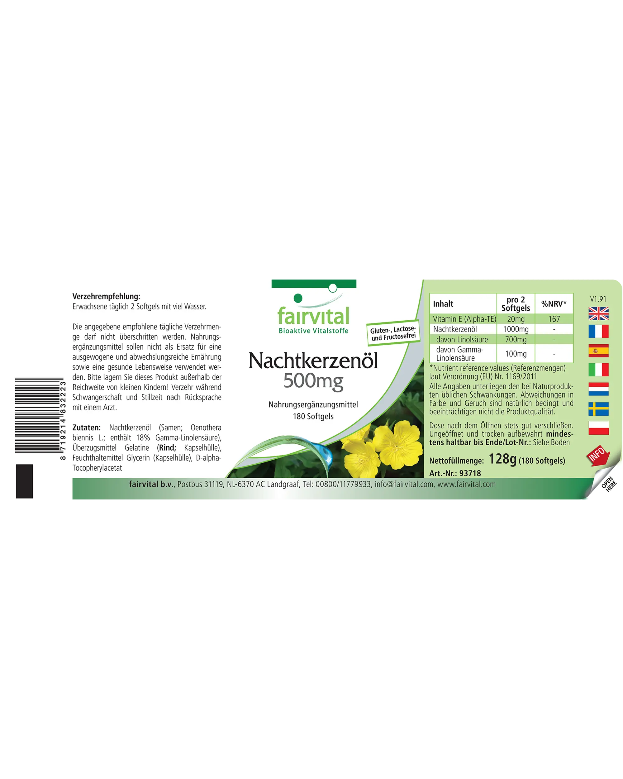Aceite de onagra 500 mg - 180 cápsulas blandas - con vitamina E - más del 100% del requerimiento diario | Fairvital