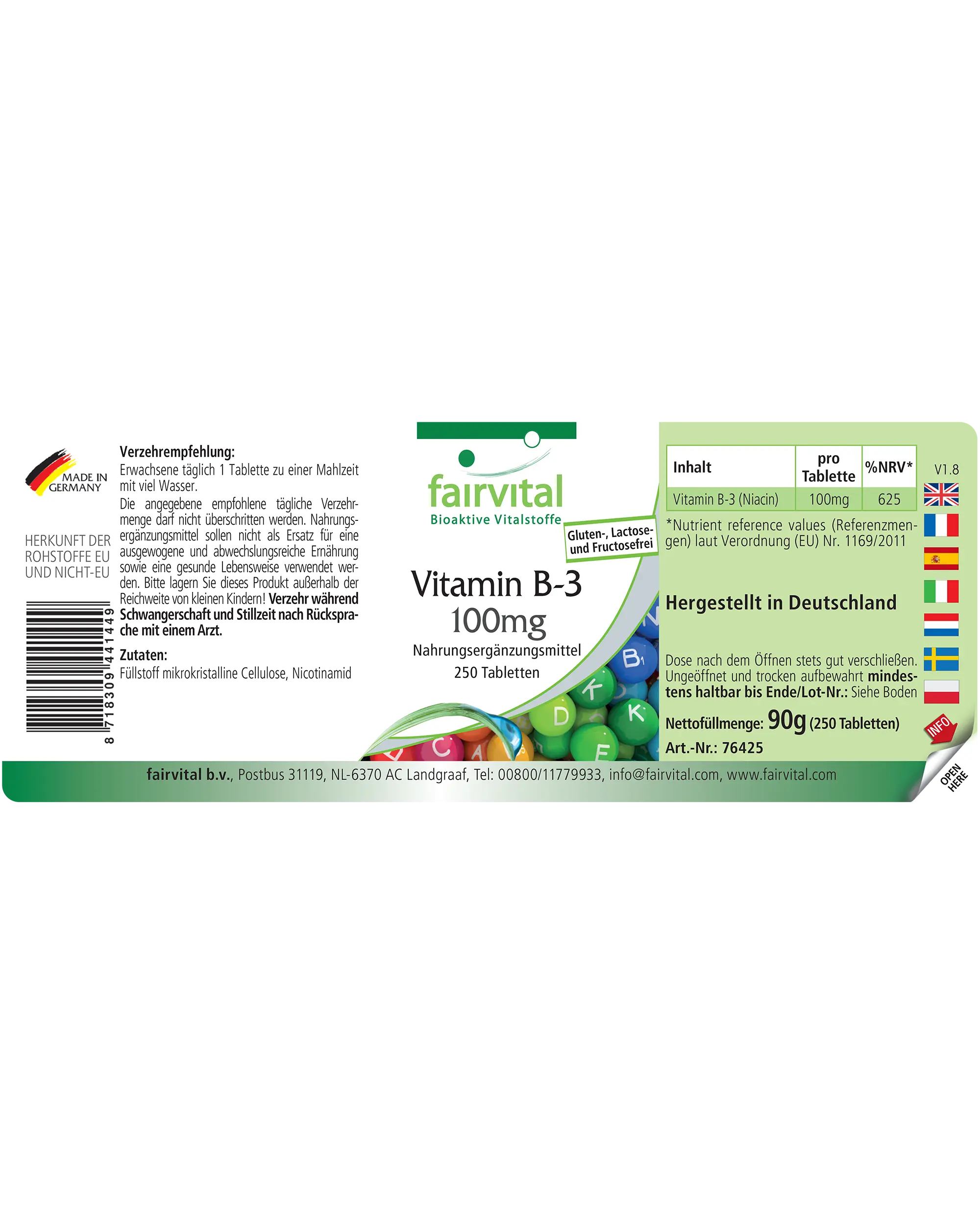 Vitamin B-3 Niacin 100mg - 250 Tabletten - für Haut, Psyche, Nervensystem uvm. - Vegan | Fairvital