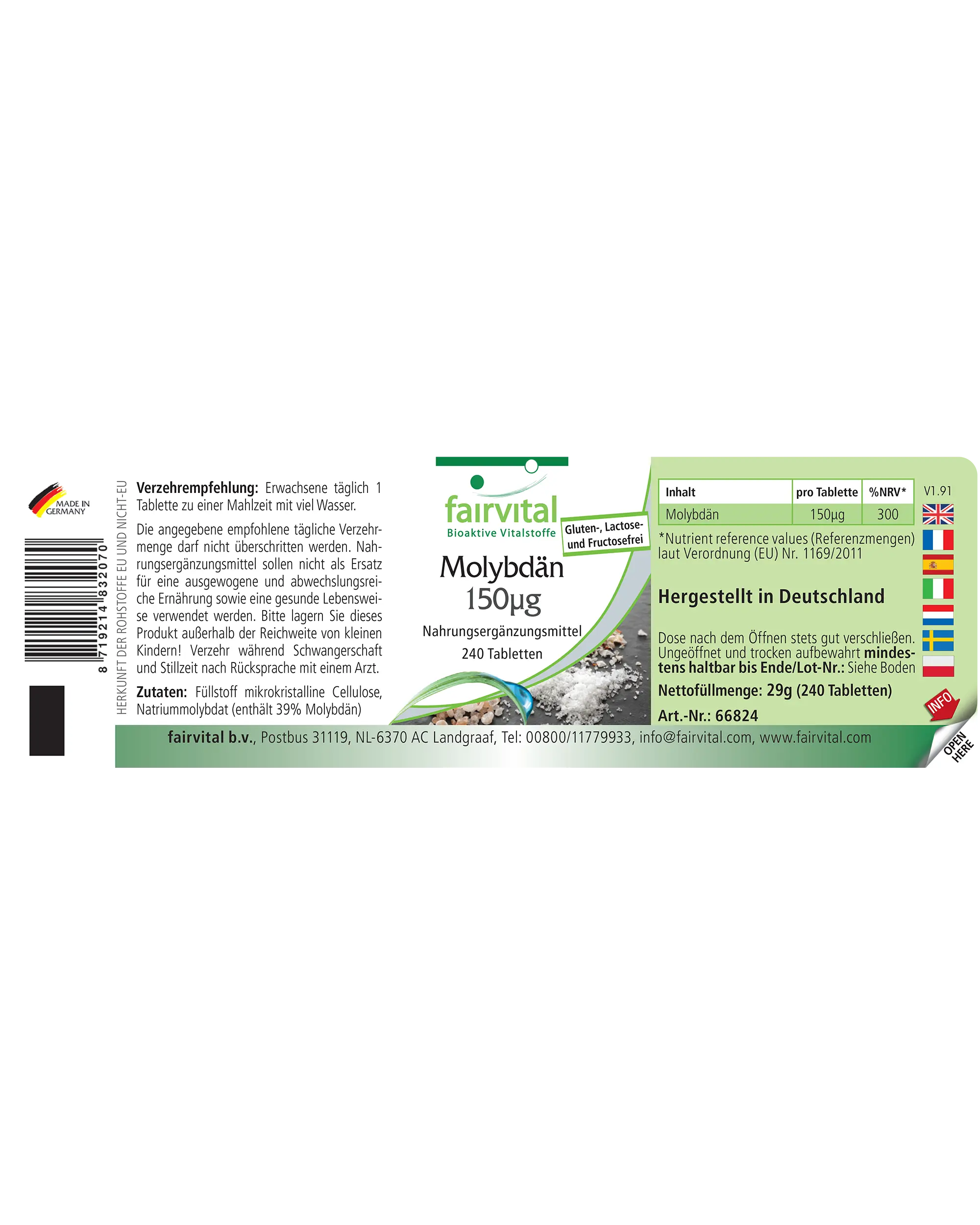 Molibdeno 150 μg - 240 comprimidos - para el metabolismo - Alta dosis y vegano | Fairvital