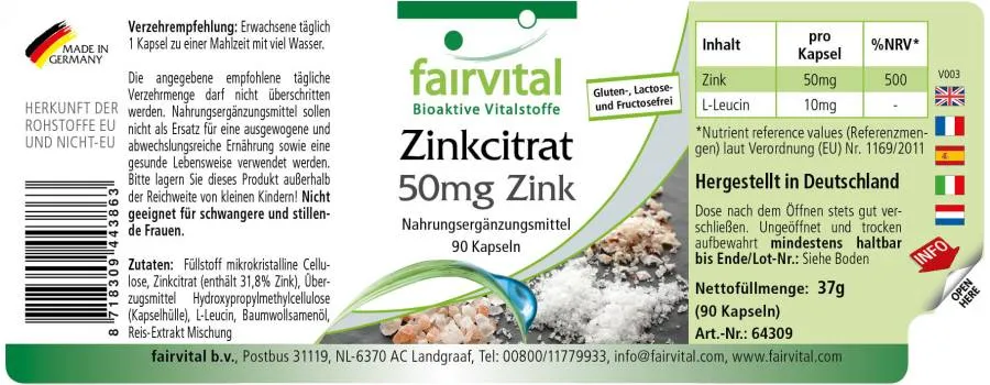 Zinkcitrat mit 50mg Zink - für Immunsystem, Haare, Haut, Sehkraft uvm. - Vegan | Fairvital Zinkcitrat mit 50mg Zink - für Immunsystem, Haare, Haut, Sehkraft uvm. - Vegan | Fairvital