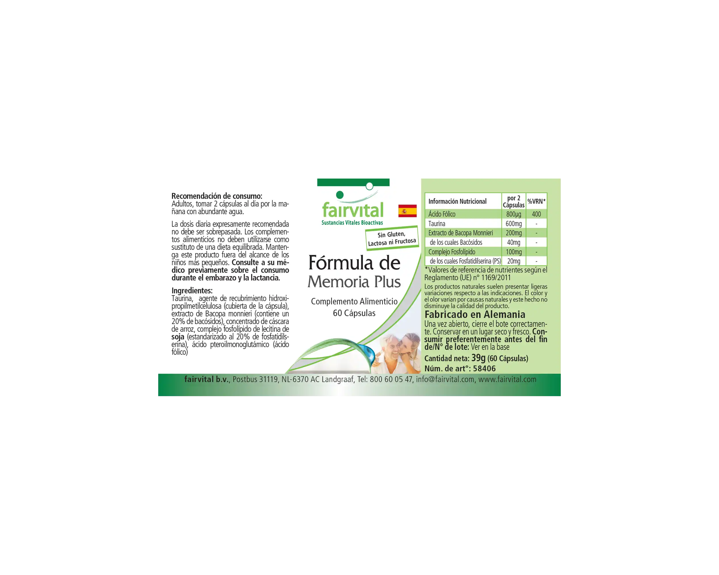 Gedächtnis Formel Plus - 60 Kapseln - mit Brahmi (Bacopa Monnieri), Ginkgo uvm. - Hochdosiert und Vegan | Fairvital
