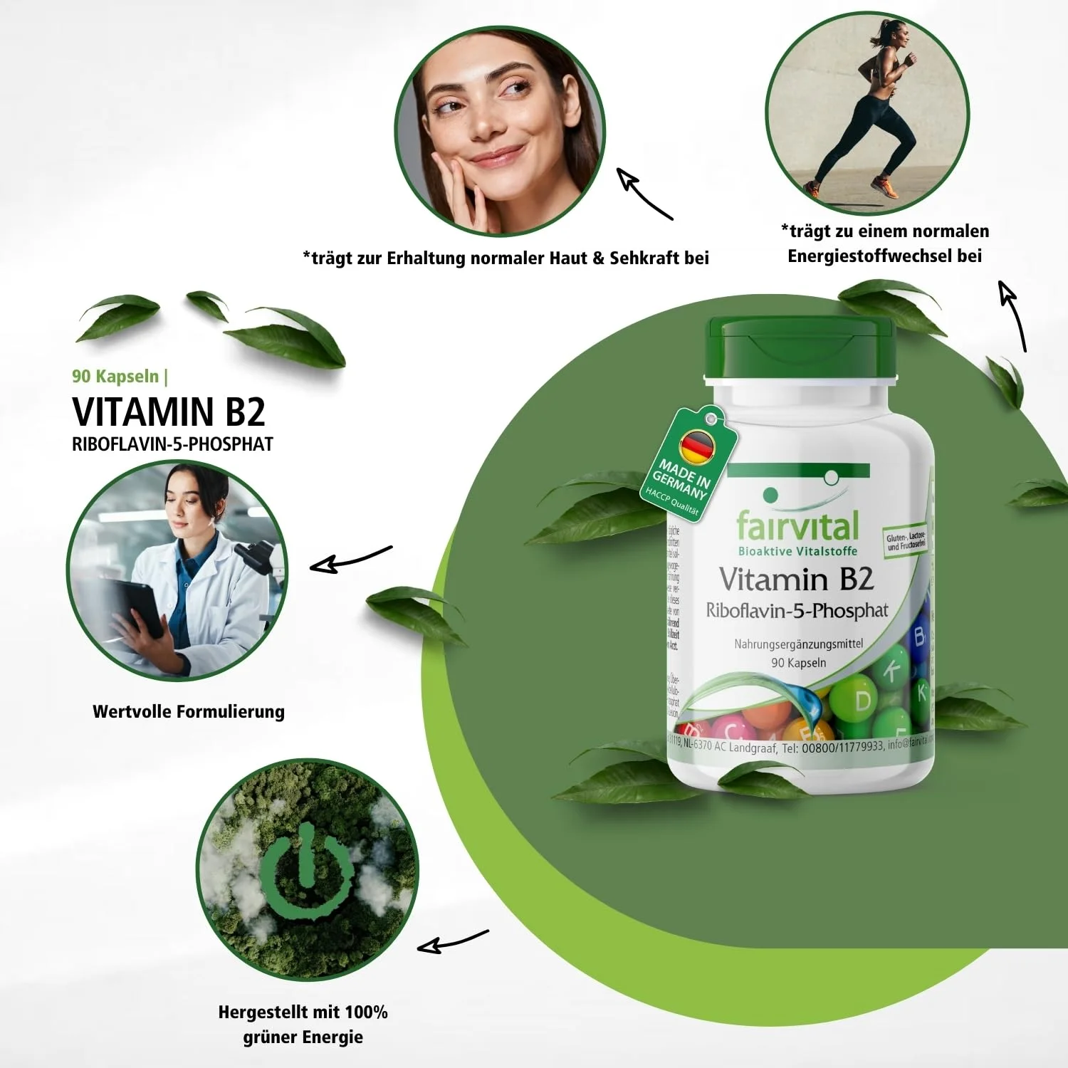Vitamin B2 Riboflavin-5-Phosphat - 90 Kapseln - Schluckfreundlich - Für Haut; Sehkraft; Nervensystem uvm. - 2214% abgedeckter Bedarf - Vegan | Fairvital