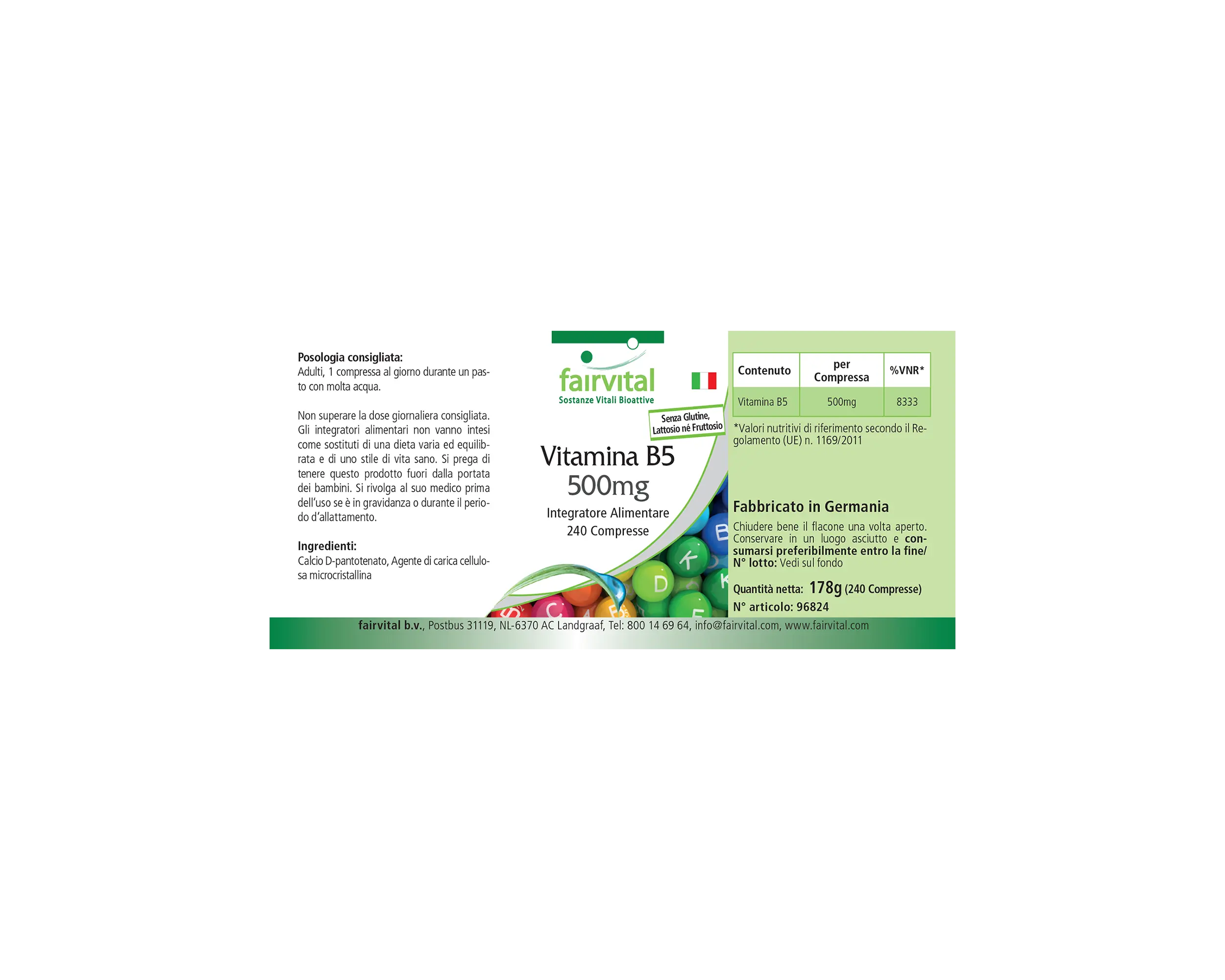 Vitamina B5 500 mg - 240 comprimidos - para energía, rendimiento mental y más - más del 100 % del requerimiento diario - vegano | Fairvital