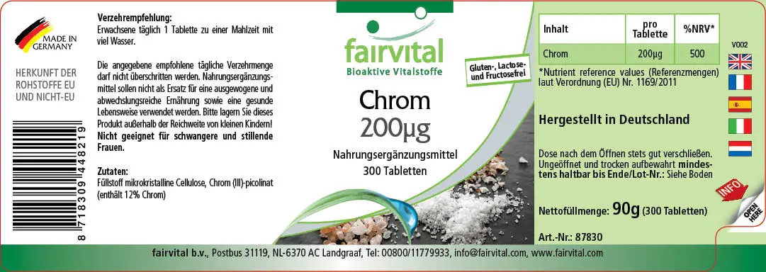 Chrom 200µg - 300 Tabletten - für Blutzuckerspiegel und Makronährstoff Stoffwechsel - Hochdosiert und Vegan | Fairvital Chrom 200µg - 300 Tabletten - für Blutzuckerspiegel und Makronährstoff Stoffwechsel - Hochdosiert und Vegan | Fairvital