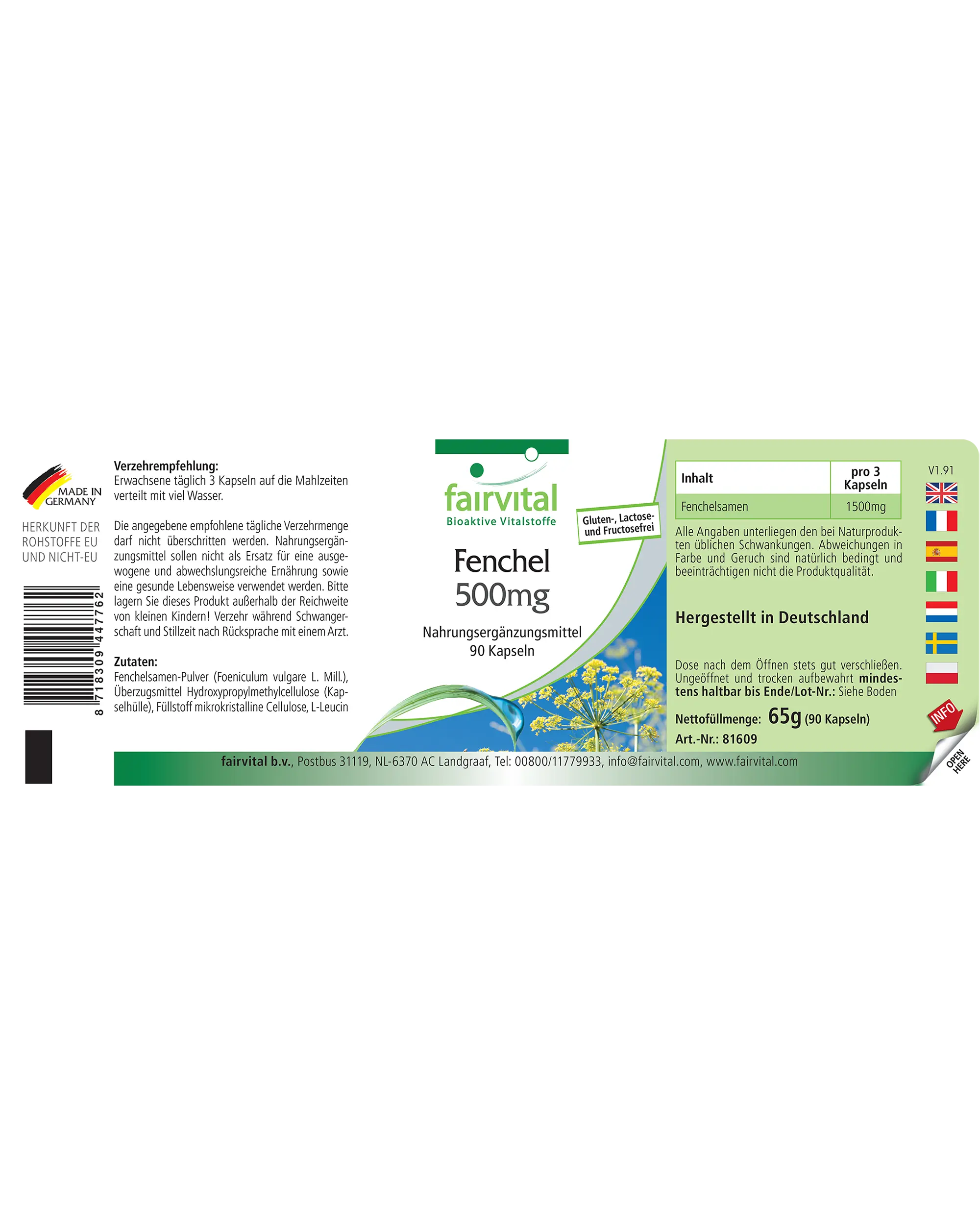 Hinojo 500mg - 90 cápsulas - Foeniculum vulgare Miller - Vegano | Fairvital