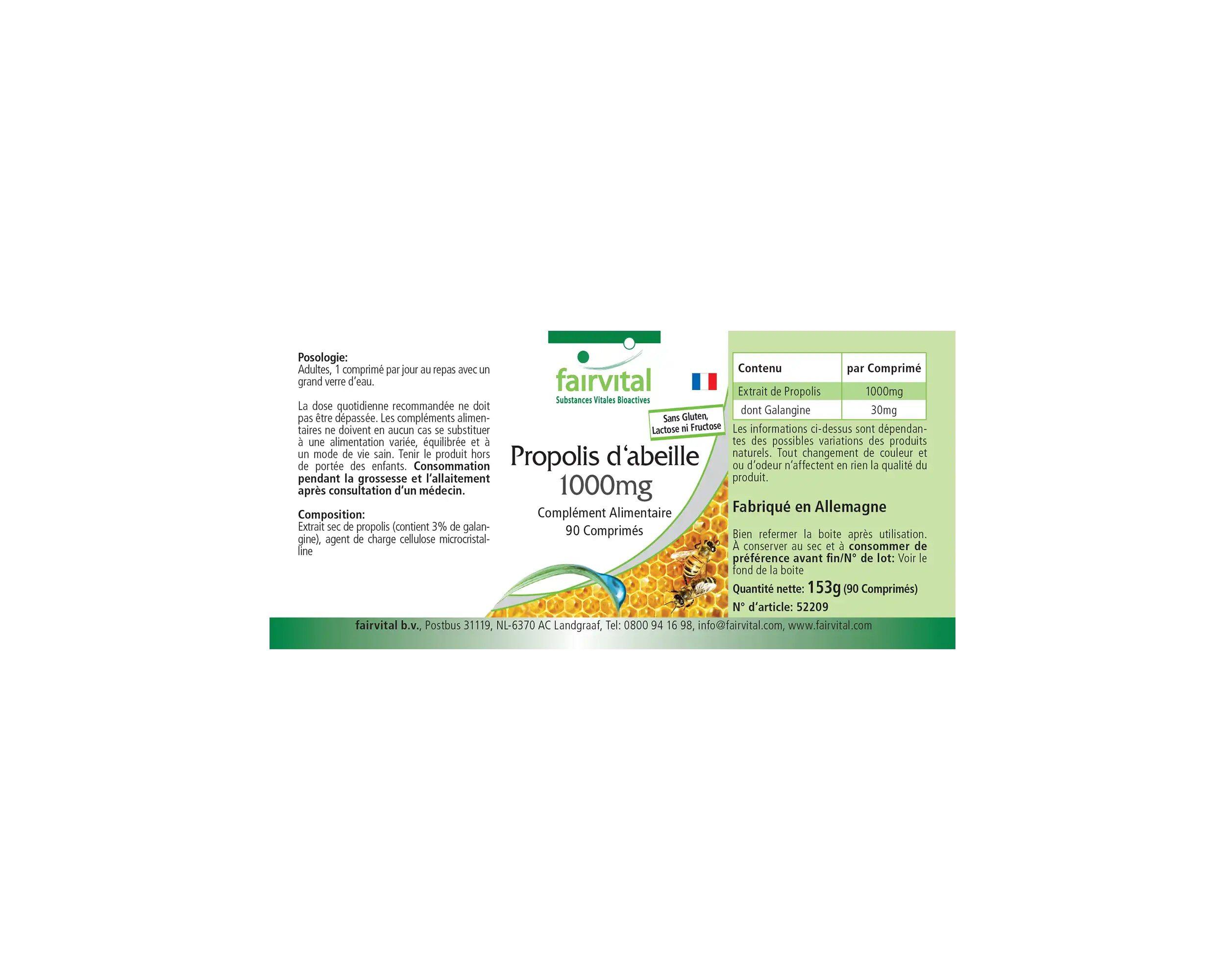 Bee Propolis 1000 mg – 90 tablets – Natural bee resin extract – 3% galangin – High dosage | Fairvital