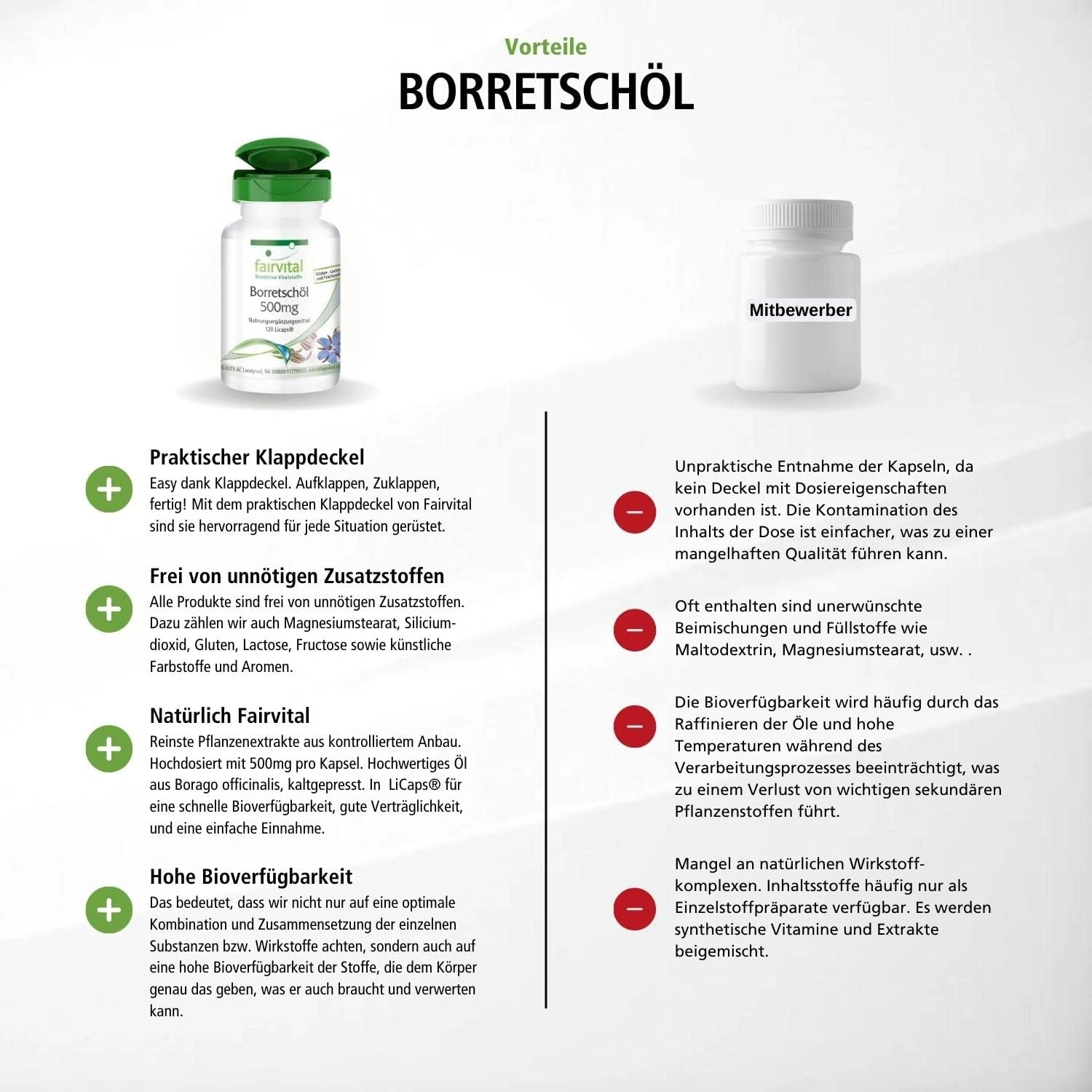 Borretschöl 500mg - 120 Licaps® - schluckfreundlich - kaltgepresst - reich an Gamma-Linolensäure (Omega-6) - vegan | Fairvital