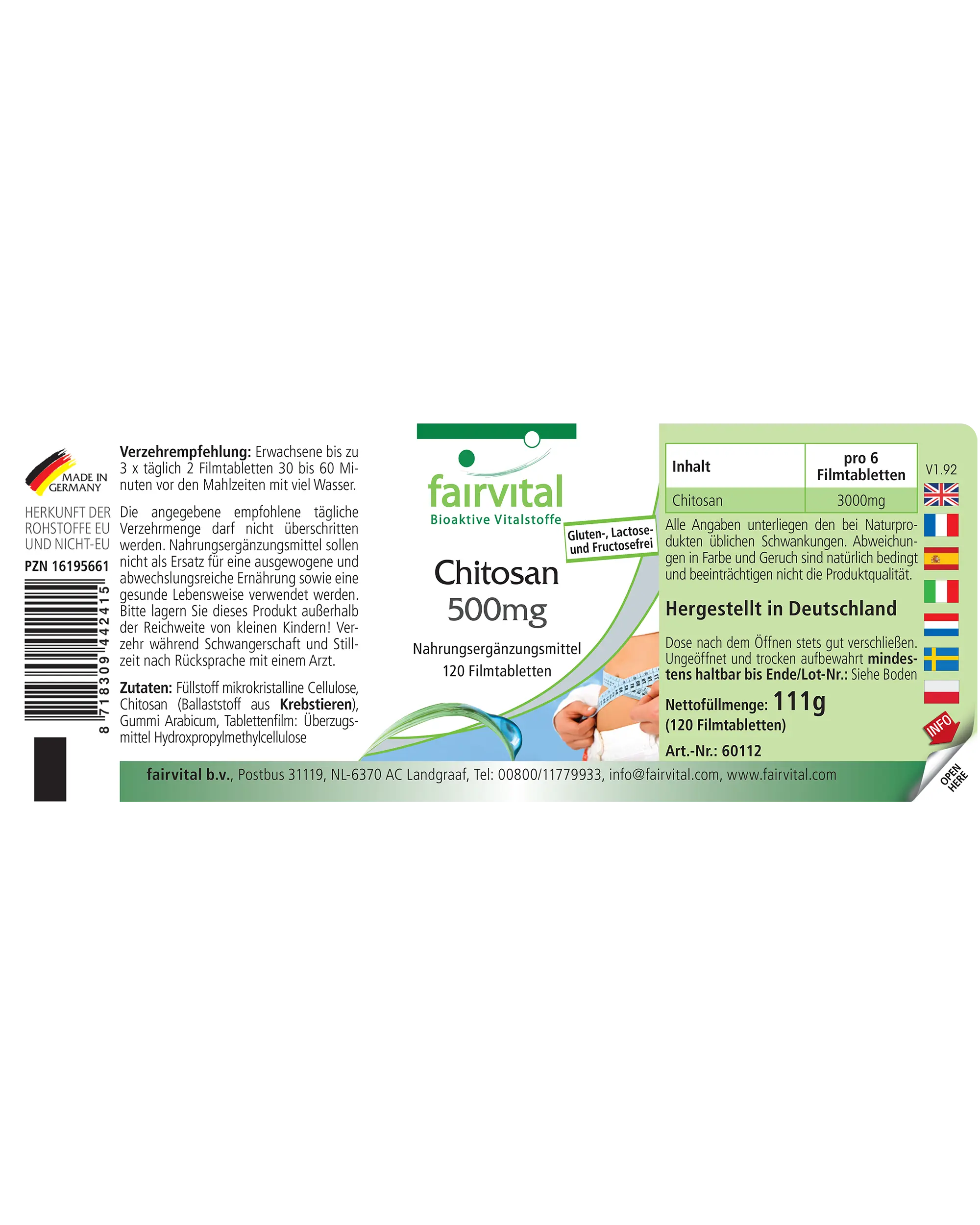Chitosano 500mg - 120 compresse rivestite - 3000mg per dose giornaliera - fibra naturale - alta dose - facile da deglutire | Fairvital