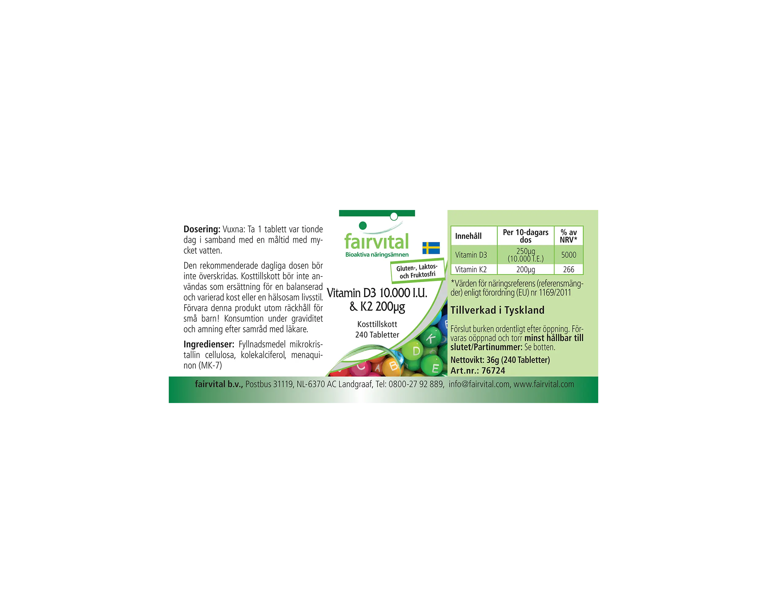 Vitamin D3 10.000 I.E. & K2 200μg - 240 Tabletten - für Knochen, Immunsystem uvm. - hochdosiert | Fairvital