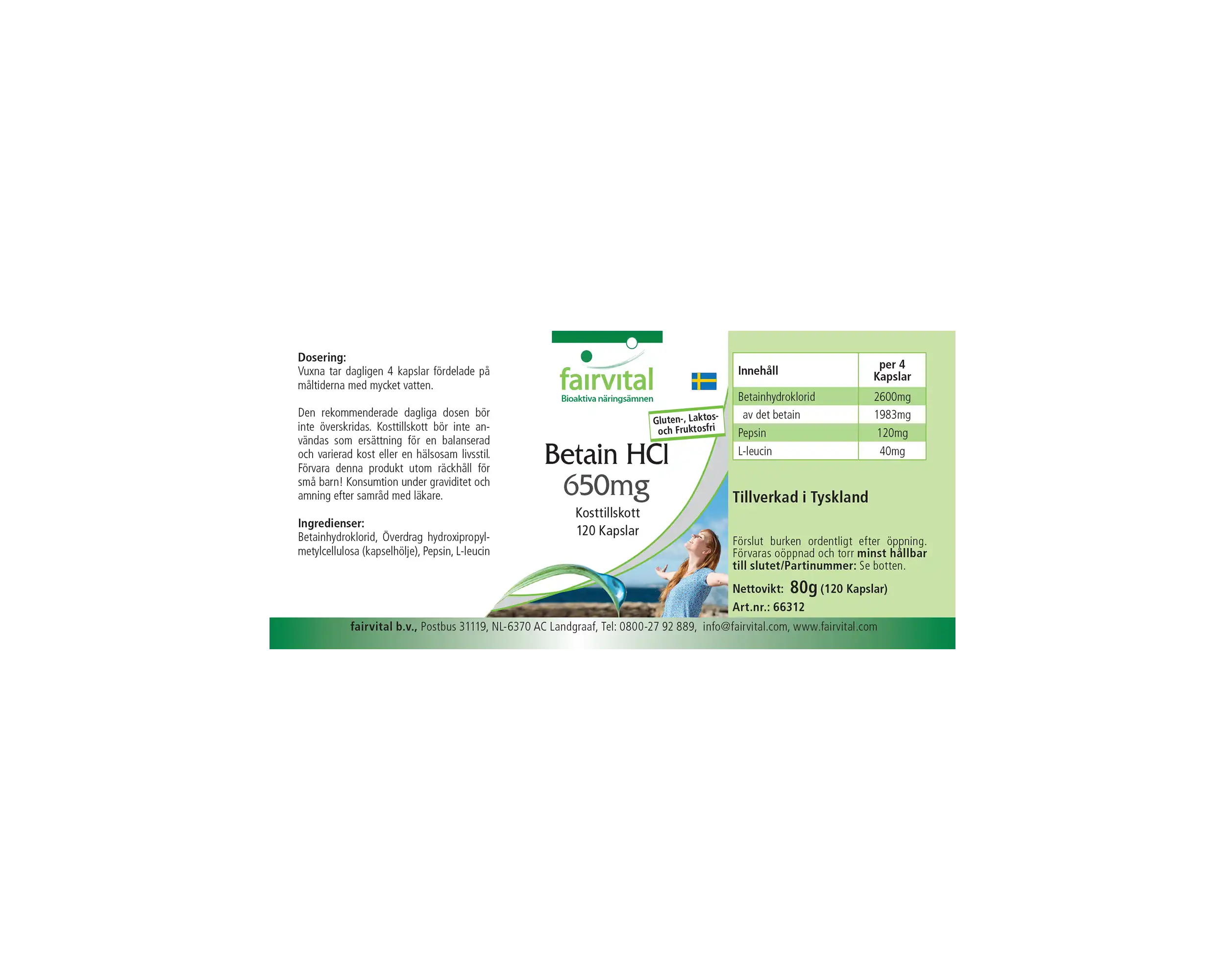 Betain HCL 650mg - 120 Kapseln - Betain Hydrochlorid Kapseln - Hochdosiert und Vegan | Fairvital