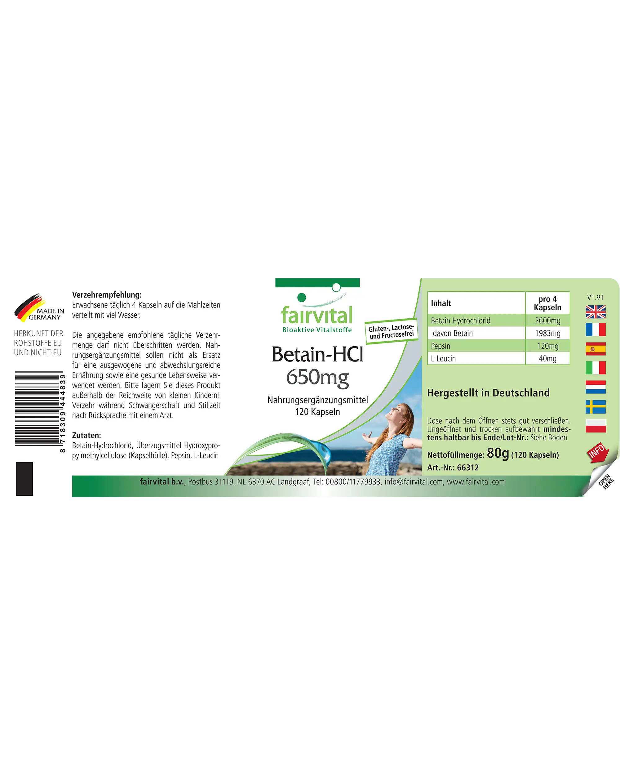 Betain-HCl 650mg - 120 Kapseln - mit Pepsin | Fairvital
