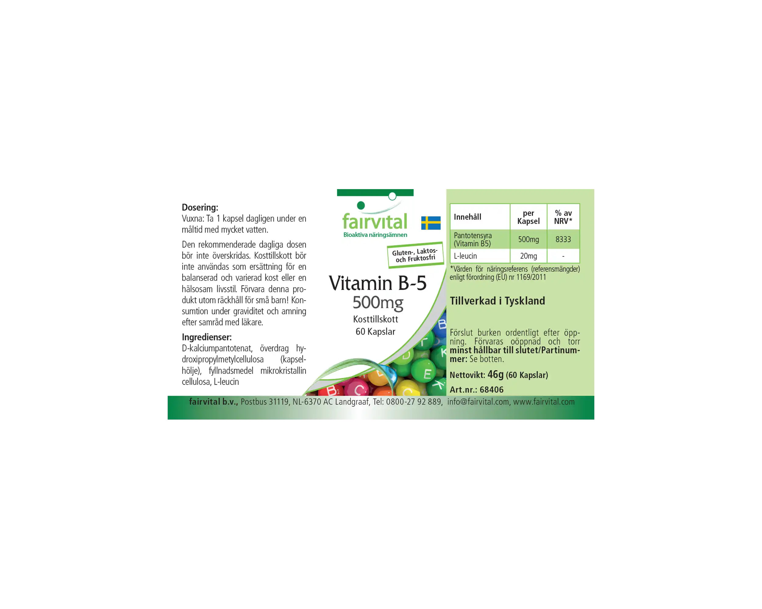 Vitamin B5 500mg - 60 Capsules