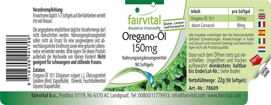 Oregano-Öl 150mg Kapseln - 90 Softgels - Oregano Oil 10:1 Extrakt - Origanum vulgare - Hochdosiert | Fairvital Oregano-Öl 150mg Kapseln - 90 Softgels - Oregano Oil 10:1 Extrakt - Origanum vulgare - Hochdosiert | Fairvital
