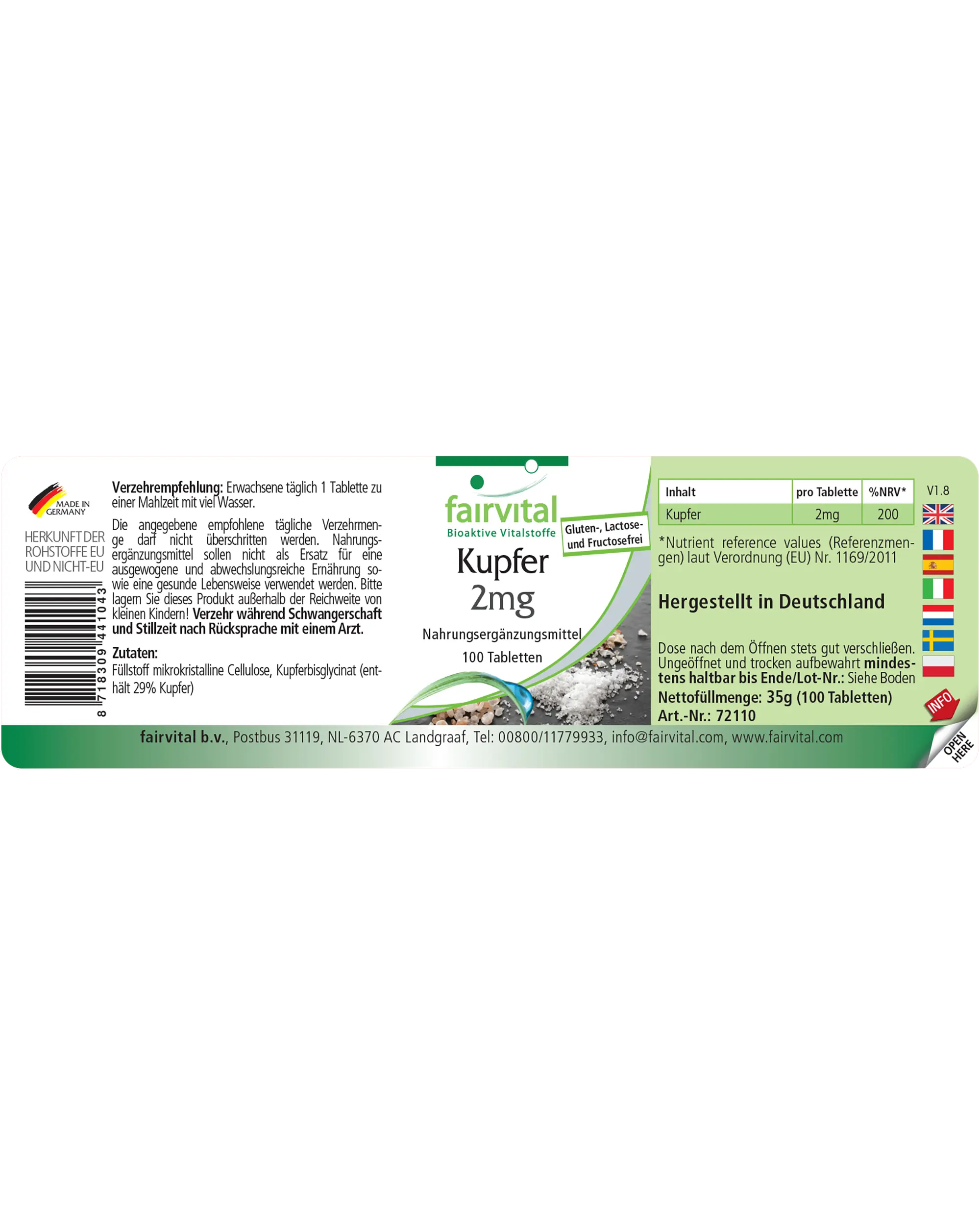Kupfer 2mg - 100 Tabletten - für Immunsystem, Eisentransport uvm. - Vegan | Fairvital
