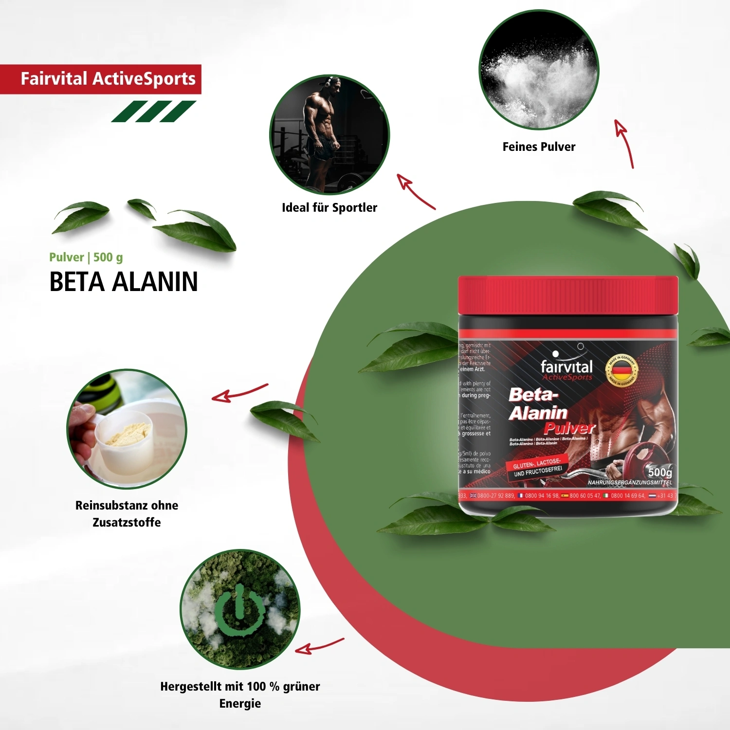 Beta-Alanin Pulver - 500g - Inklusive Dosierlöffel - hochdosiert und vegan | Fairvital