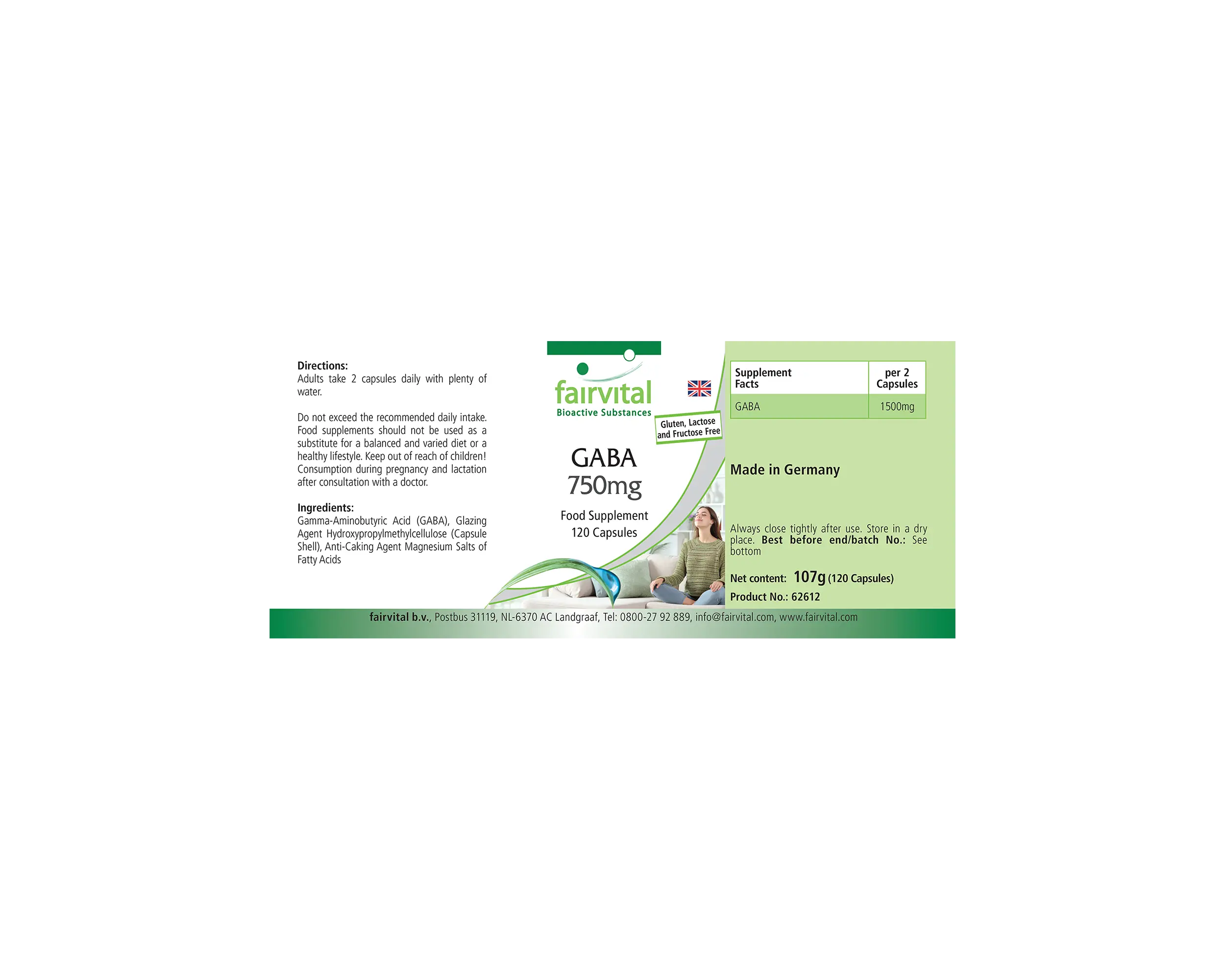 GABA 750mg - 120 Kapseln - Gamma-Aminobuttersäure - hochdosiert und vegan | Fairvital