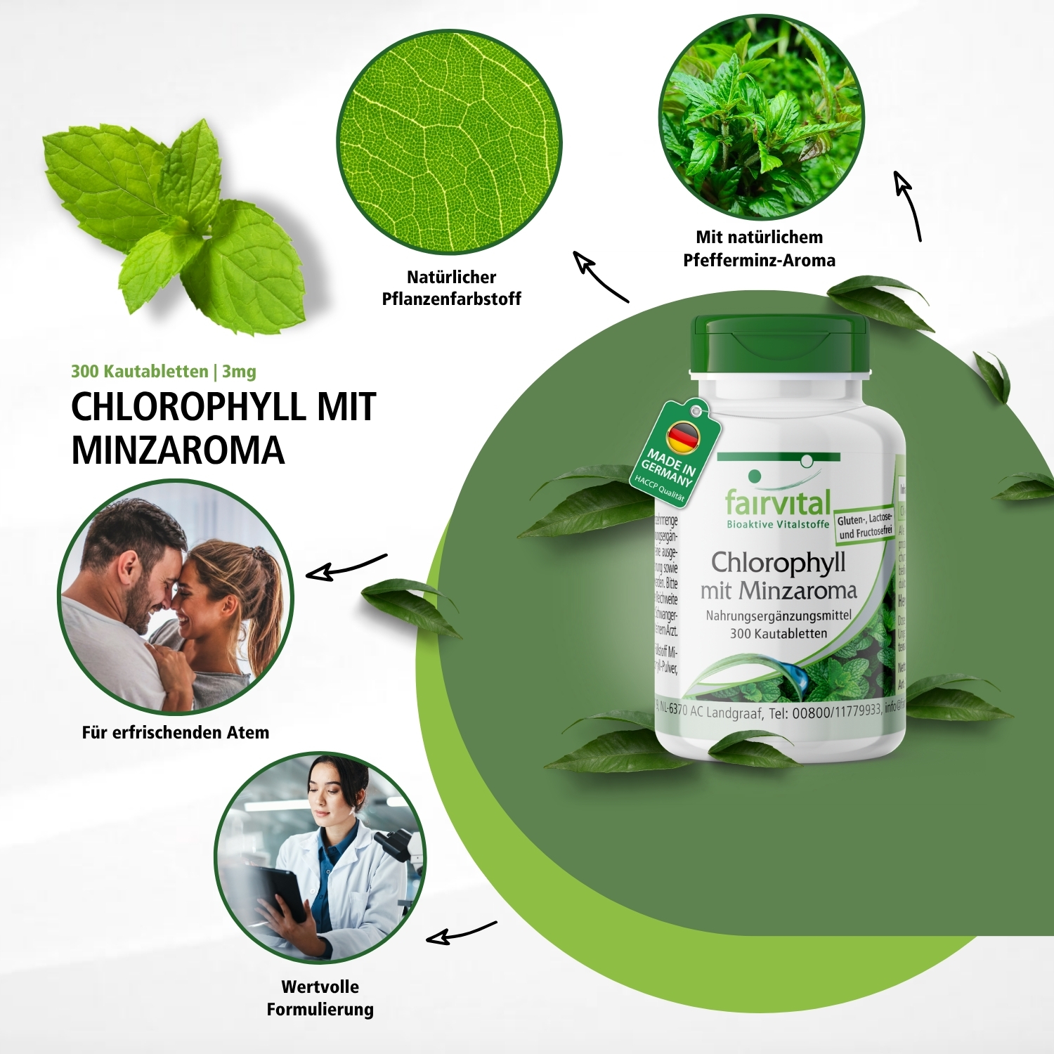 Chlorophyll with Mint Flavour - 300 Chewable Tablets - vegan | Fairvital