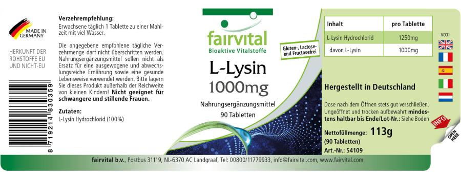 L-Lisina 1000mg - 90 comprimidos