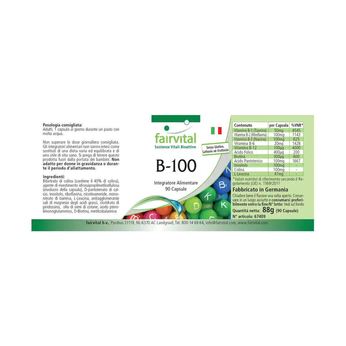 B-100 Komplex - alle B-Vitamine (B1, B2, B3, B5, B6, B7, B9, B12) für Haare, Haut ung gegen Müdigkeit - 90 Kapseln - Hochdosiert und Vegan | Fairvital B-100 Komplex - alle B-Vitamine (B1, B2, B3, B5, B6, B7, B9, B12) für Haare, Haut ung gegen Müdigkeit - 90 Kapseln - Hochdosiert und Vegan | Fairvital