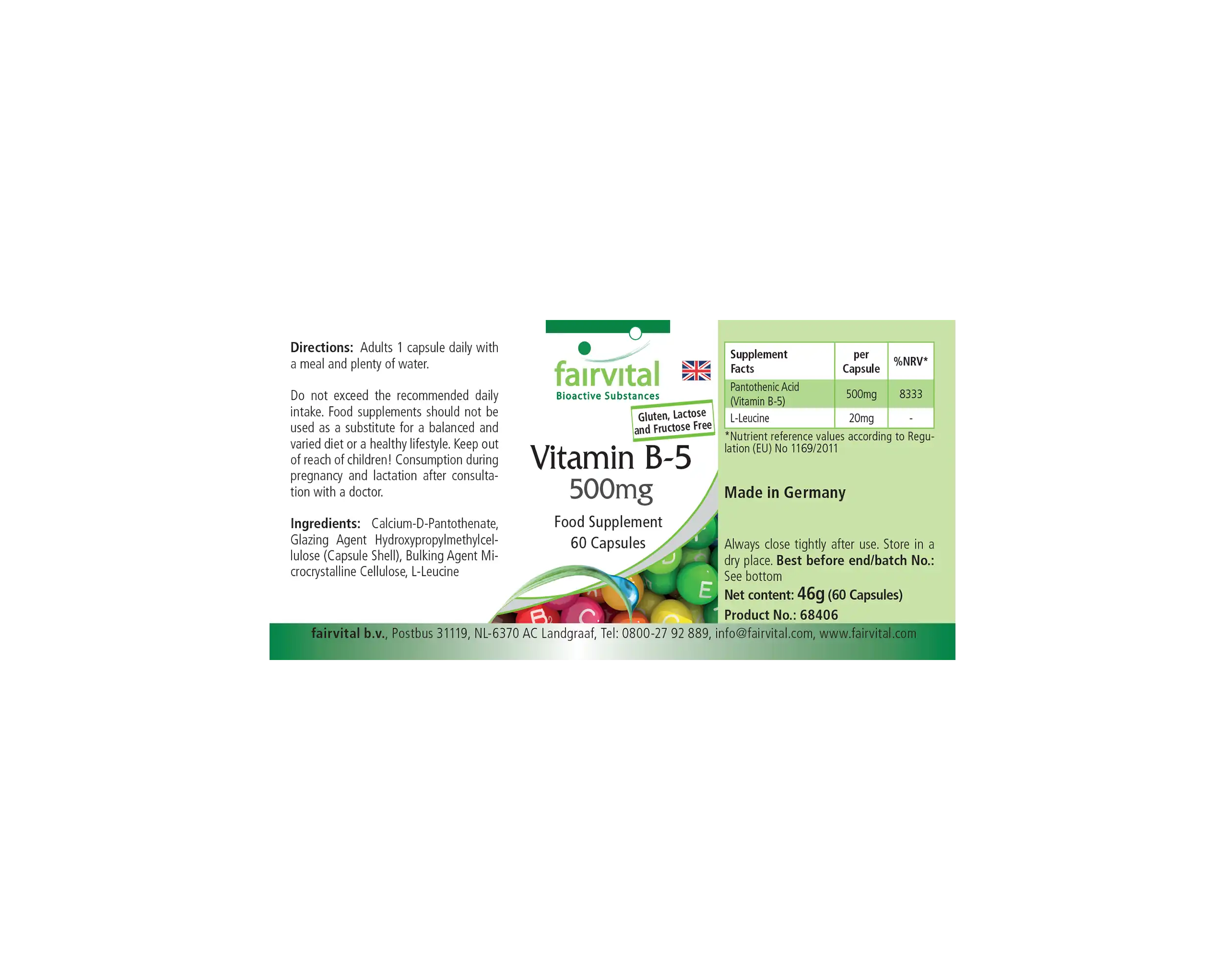 Vitamin B5 500mg - 60 Capsules