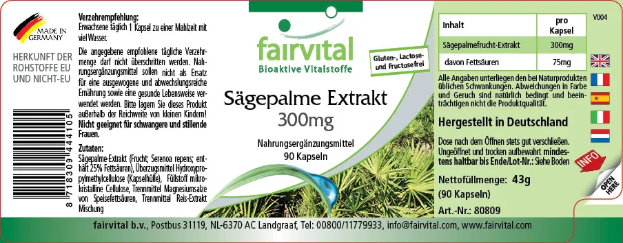 Sägepalme Extrakt 300mg - 90 Kapseln - mit Beta-Sitosterol - Hochdosiert und Vegan | Fairvital Sägepalme Extrakt 300mg - 90 Kapseln - mit Beta-Sitosterol - Hochdosiert und Vegan | Fairvital