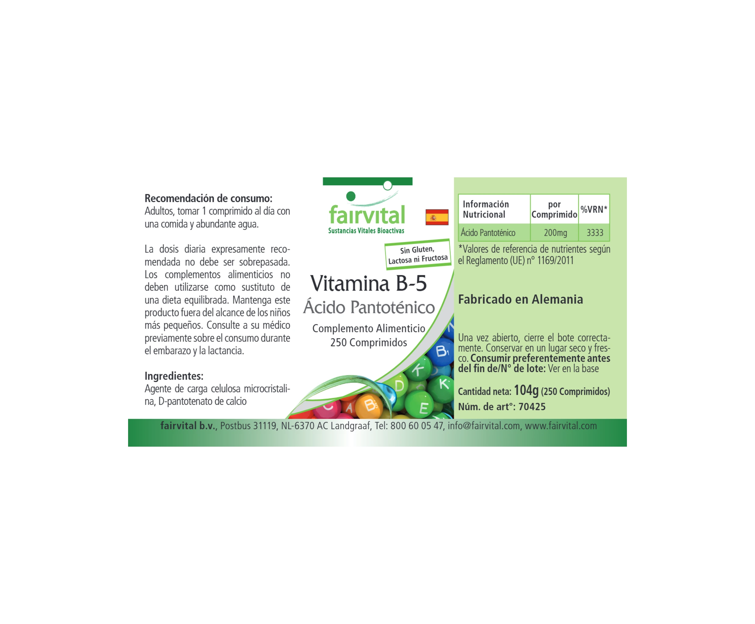 Vitamine B5 acide pantothénique - 250 comprimés