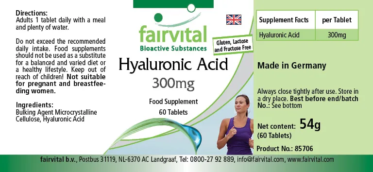 Hyaluronsäure 300mg  - 60 Tabletten - Hochdosiert und Vegan | Fairvital Hyaluronsäure 300mg  - 60 Tabletten - Hochdosiert und Vegan | Fairvital