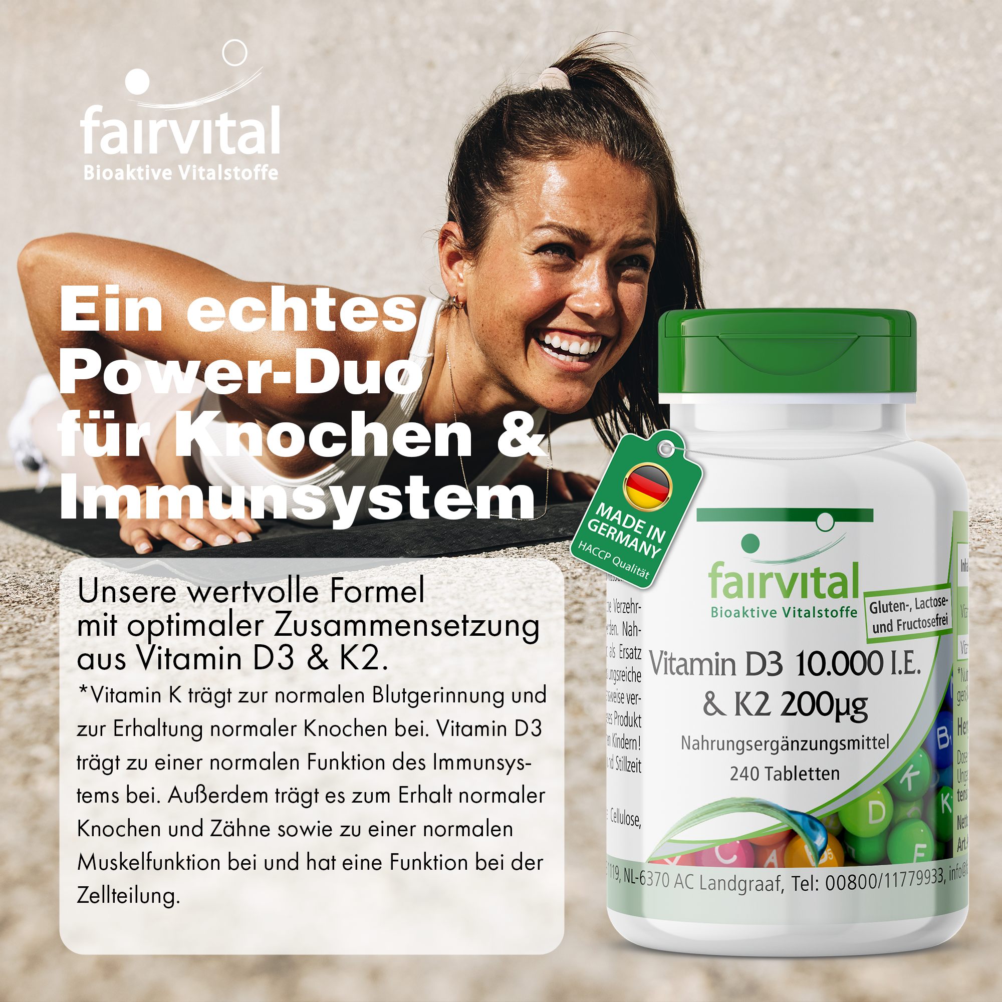 Vitamin D3 10.000 I.E. & K2 200μg - 240 Tabletten - für Knochen, Immunsystem uvm. - hochdosiert | Fairvital