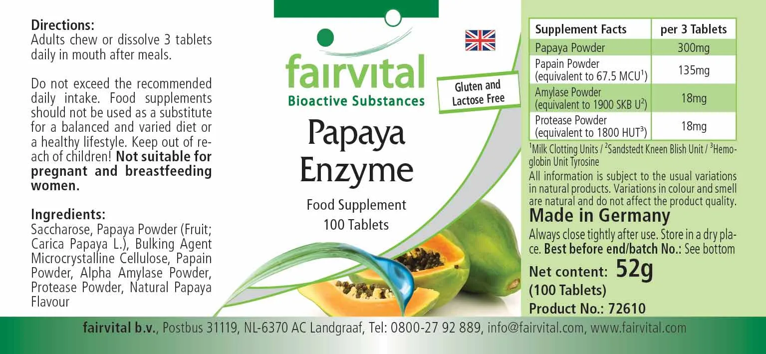 Papaya Enzym - 100 Tabletten - mit Papain, Amylase und Protease - Hochdosiert und Vegan | Fairvital Papaya Enzym - 100 Tabletten - mit Papain, Amylase und Protease - Hochdosiert und Vegan | Fairvital