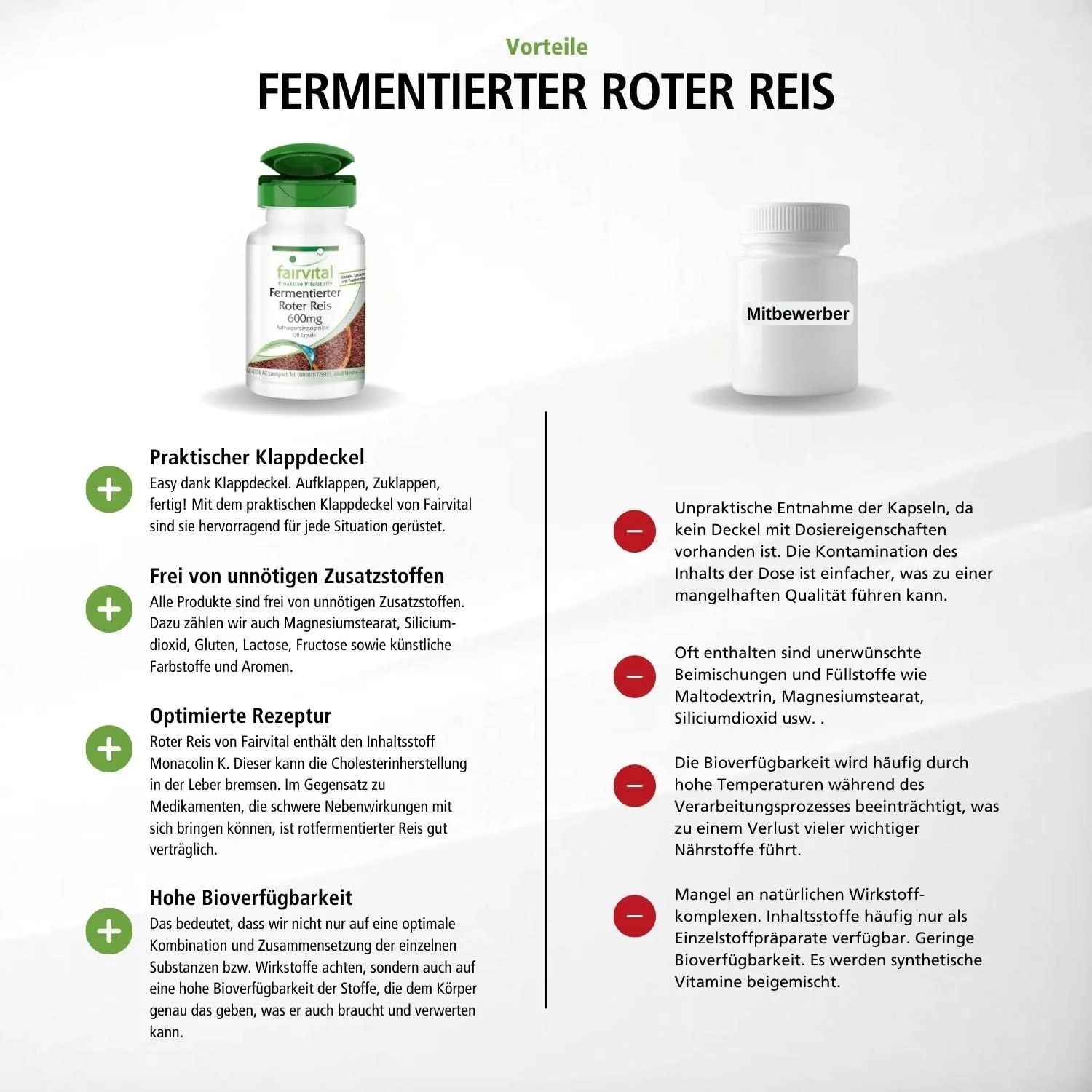 Fermentierter Roter Reis 600mg - 120 Kapseln - Monascus purpureus - mit Monacolin K - Vegan | Fairvital