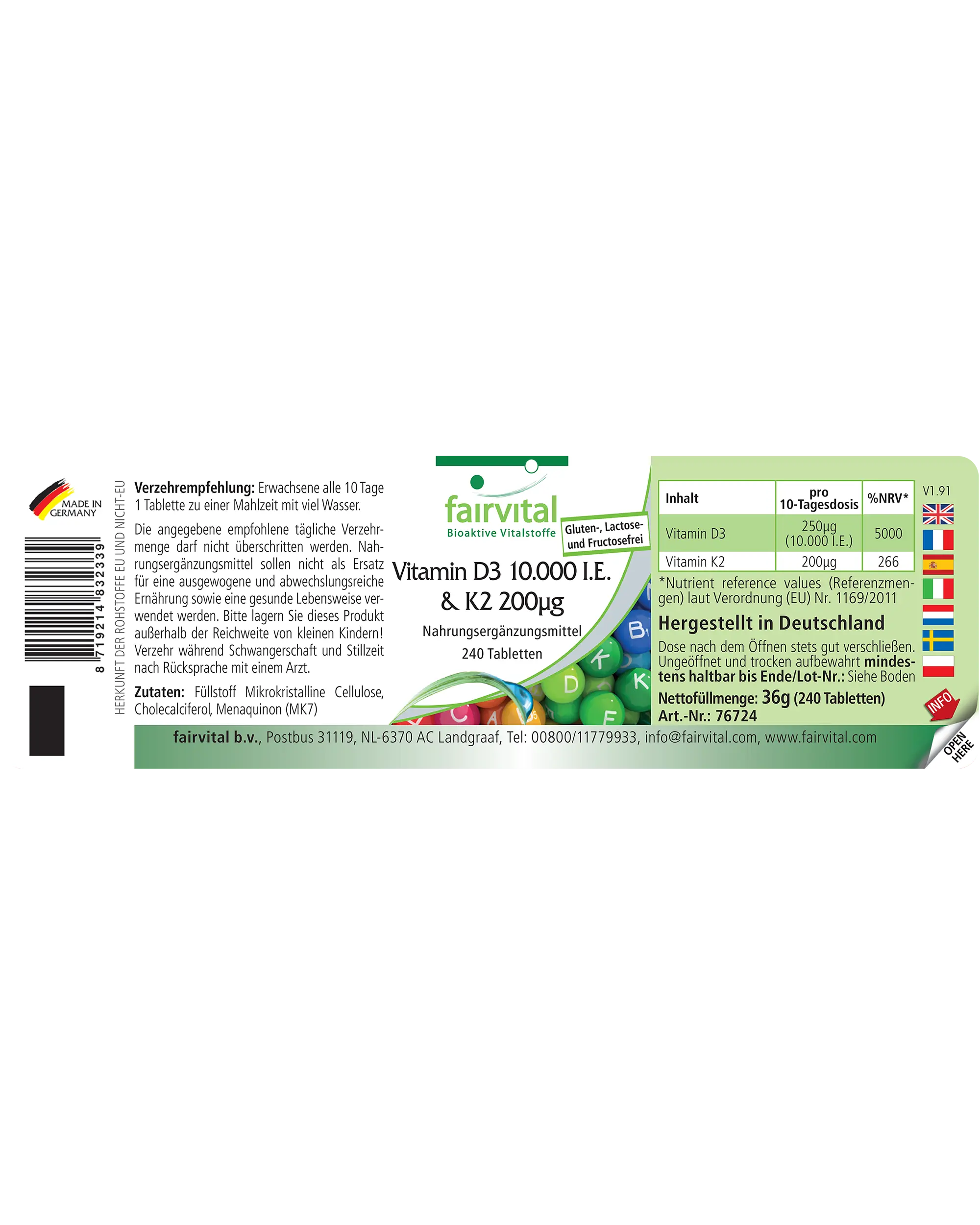 Vitamin D3 10.000 I.E. & K2 200μg - 240 Tabletten - für Knochen, Immunsystem uvm. - hochdosiert | Fairvital