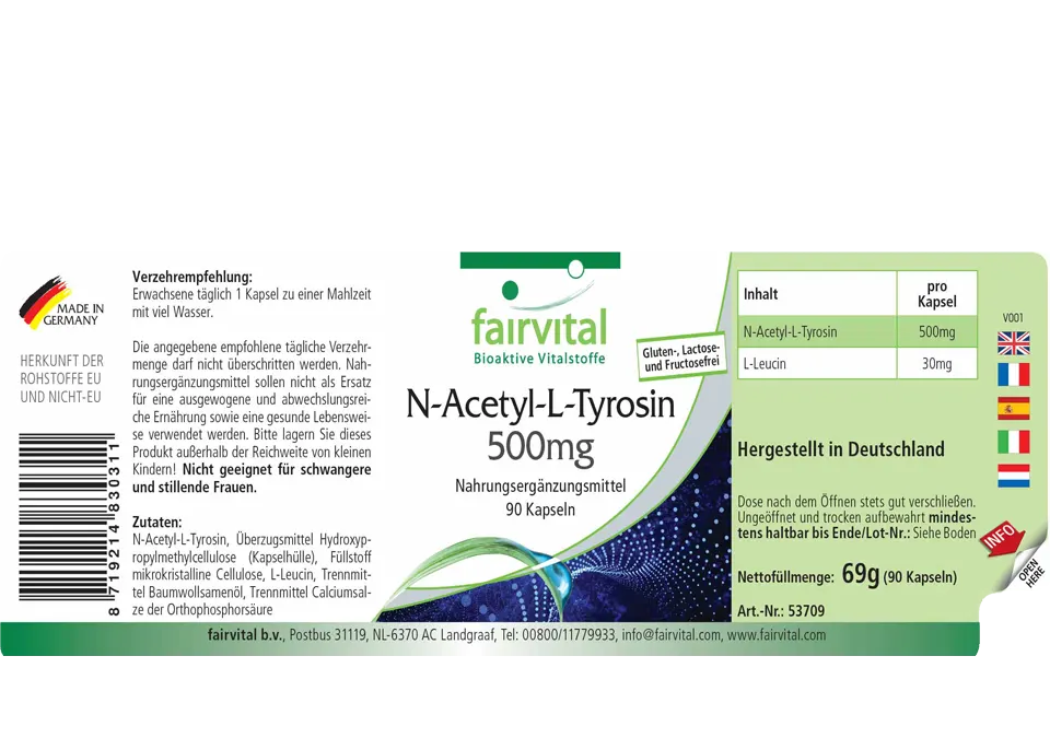N-Acetyl-L-Tyrosin 500mg - 90 Kapseln - Hochdosiert | Fairvital N-Acetyl-L-Tyrosin 500mg - 90 Kapseln - Hochdosiert | Fairvital