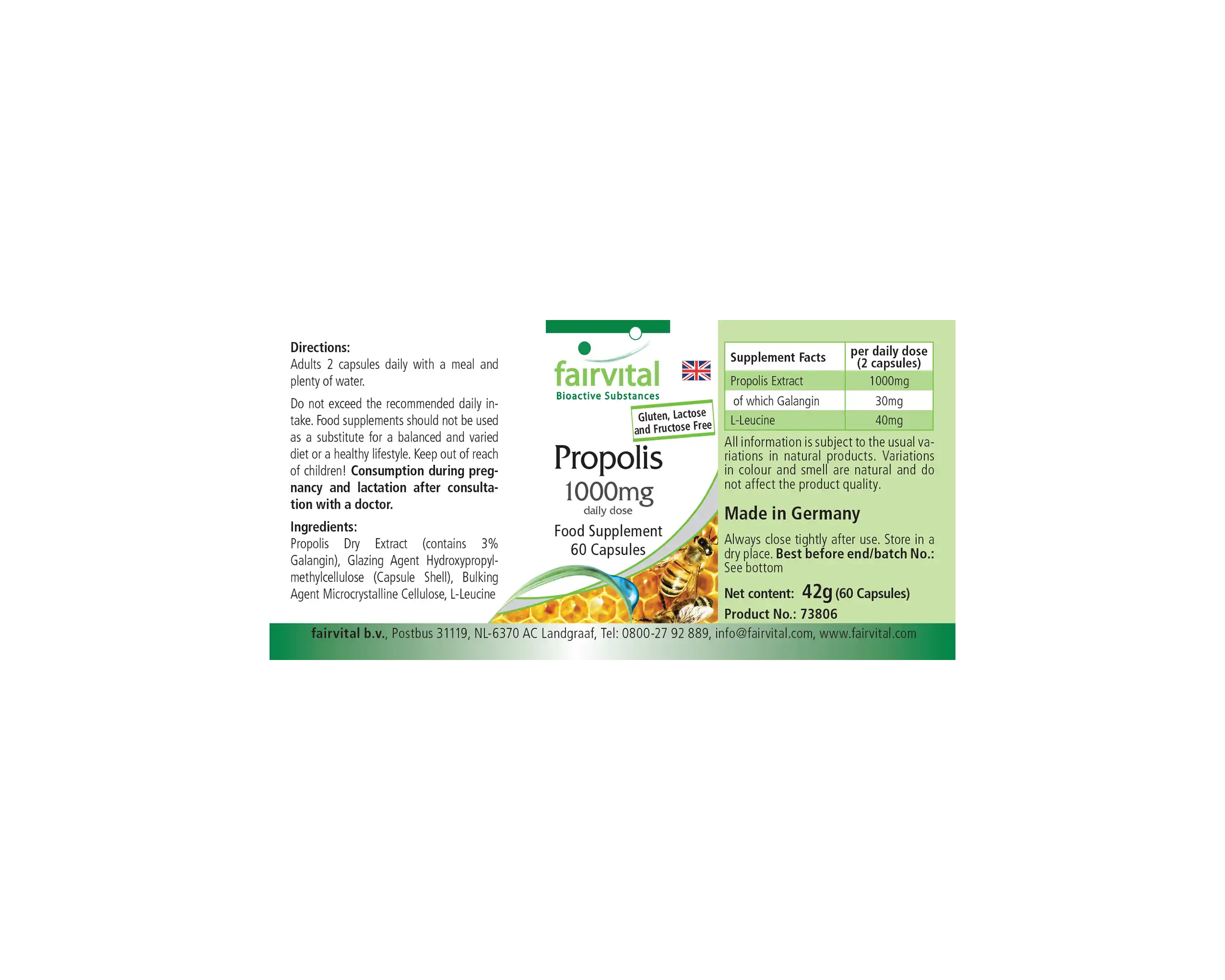 Propolis 1000mg Tagesdosis - 60 Kapseln - Natürliches Bienenharz Extrakt - Mit 3% Galangin | Fairvital