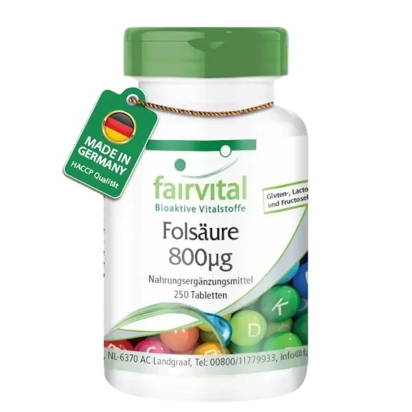 Folsäure 800µg - 250 Tabletten - Für Kinderwunsch - Schwangerschaft & Stillzeit - Vegan | Fairvital Folsäure 800µg - 250 Tabletten - Für Kinderwunsch - Schwangerschaft & Stillzeit - Vegan | Fairvital