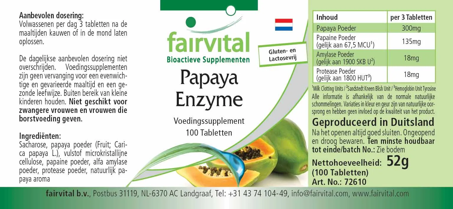 Papaya Enzym - 100 Tabletten - mit Papain, Amylase und Protease - Hochdosiert und Vegan | Fairvital Papaya Enzym - 100 Tabletten - mit Papain, Amylase und Protease - Hochdosiert und Vegan | Fairvital