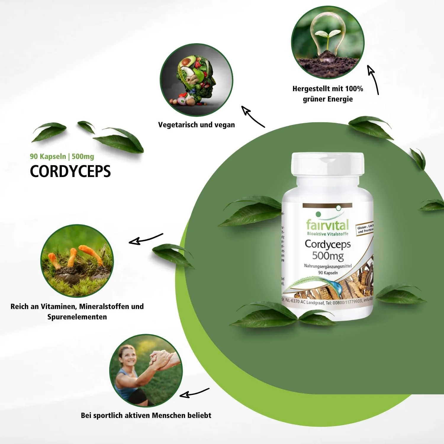 Cordyceps 500mg - 90 Kapseln - Schluckfreundlich - Cordyceps Sinensis (Raupenpilz) - Hochdosiert und Vegan | Fairvital