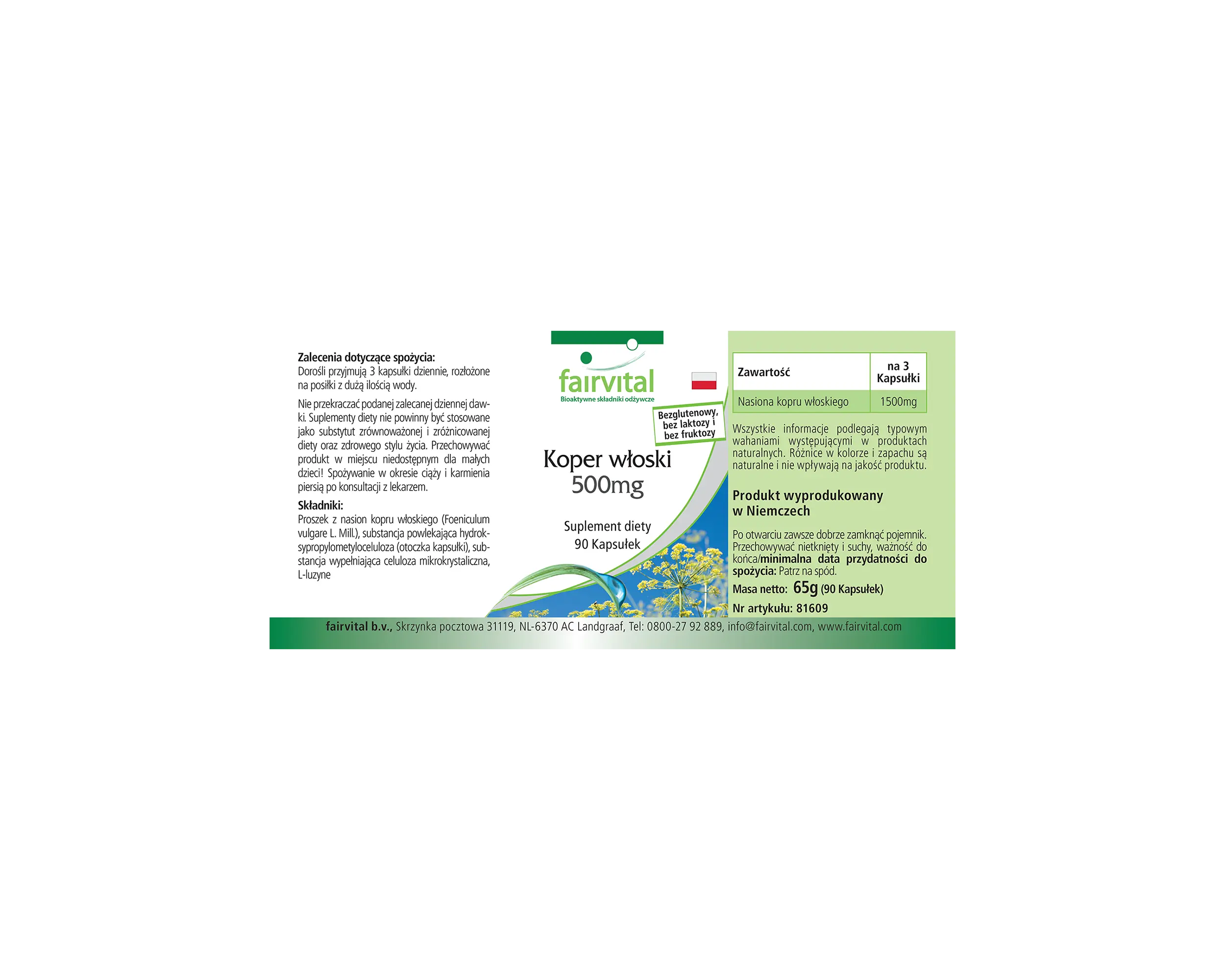 Hinojo 500mg - 90 cápsulas - Foeniculum vulgare Miller - Vegano | Fairvital