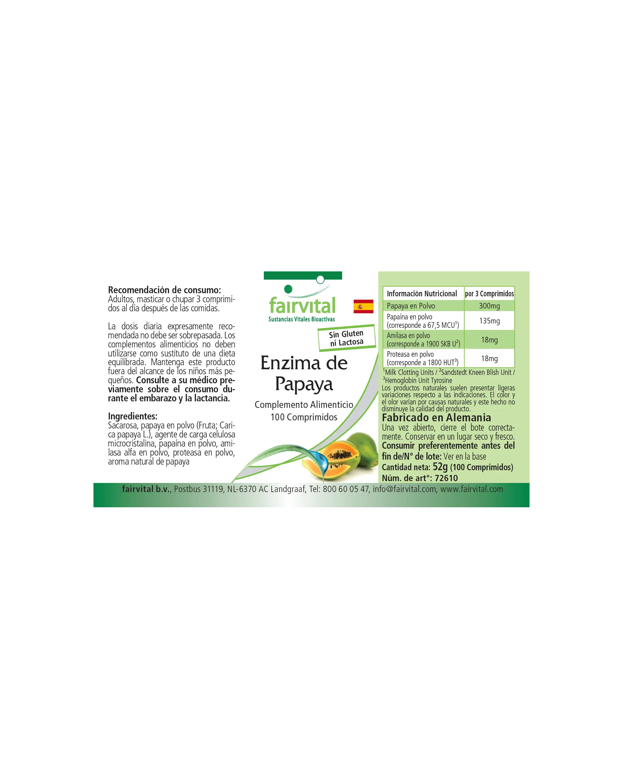 Enzima de Papaya - 100 comprimidos masticables