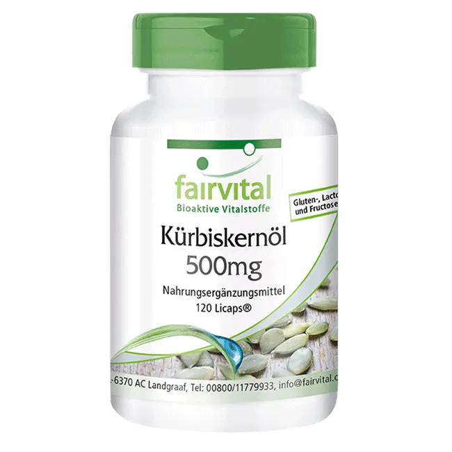 Kürbiskernöl 500mg - 120 LiCaps® - Naturbelassen & kaltgepresst - Hochdosiert und Vegan | Fairvital Kürbiskernöl 500mg - 120 LiCaps® - Naturbelassen & kaltgepresst - Hochdosiert und Vegan | Fairvital