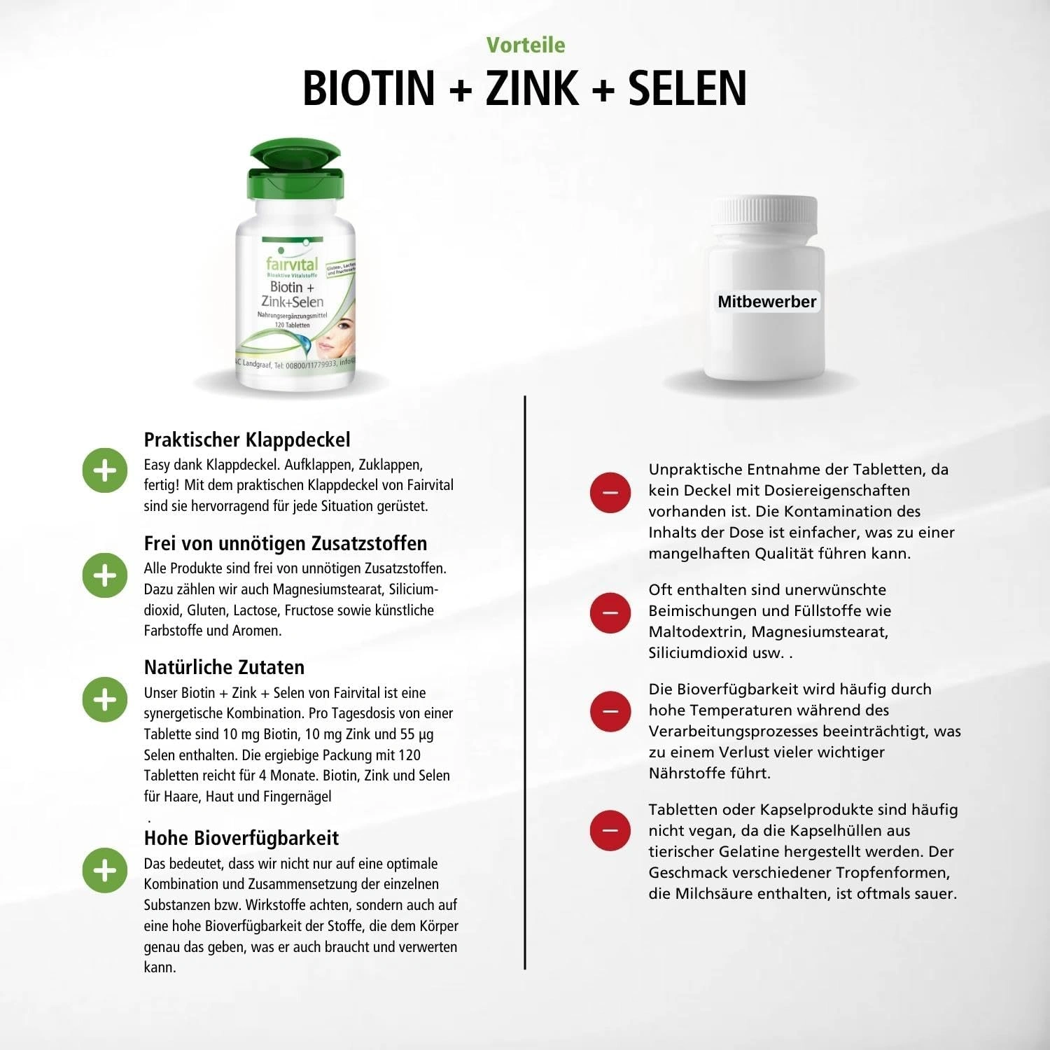 Biotin + Zink + Selen - 120 Tabletten - Schluckfreundlich - Beauty-Tabletten - Für Haare; Haut & Fingernägel - Vegan | Fairvital