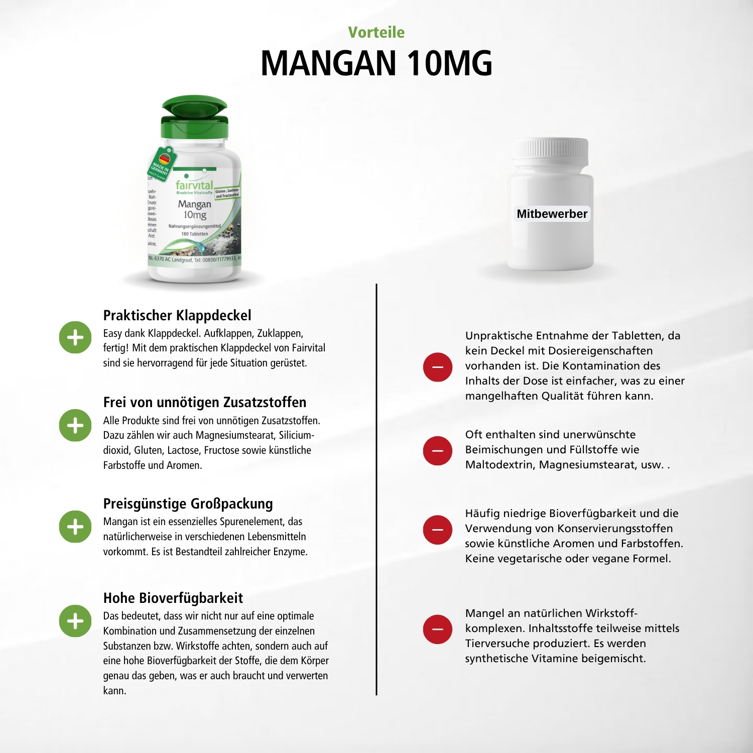 Manganeso 10mg - 180 comprimidos - para huesos, energía y mucho más - de alta dosificación y vegano | Fairvital